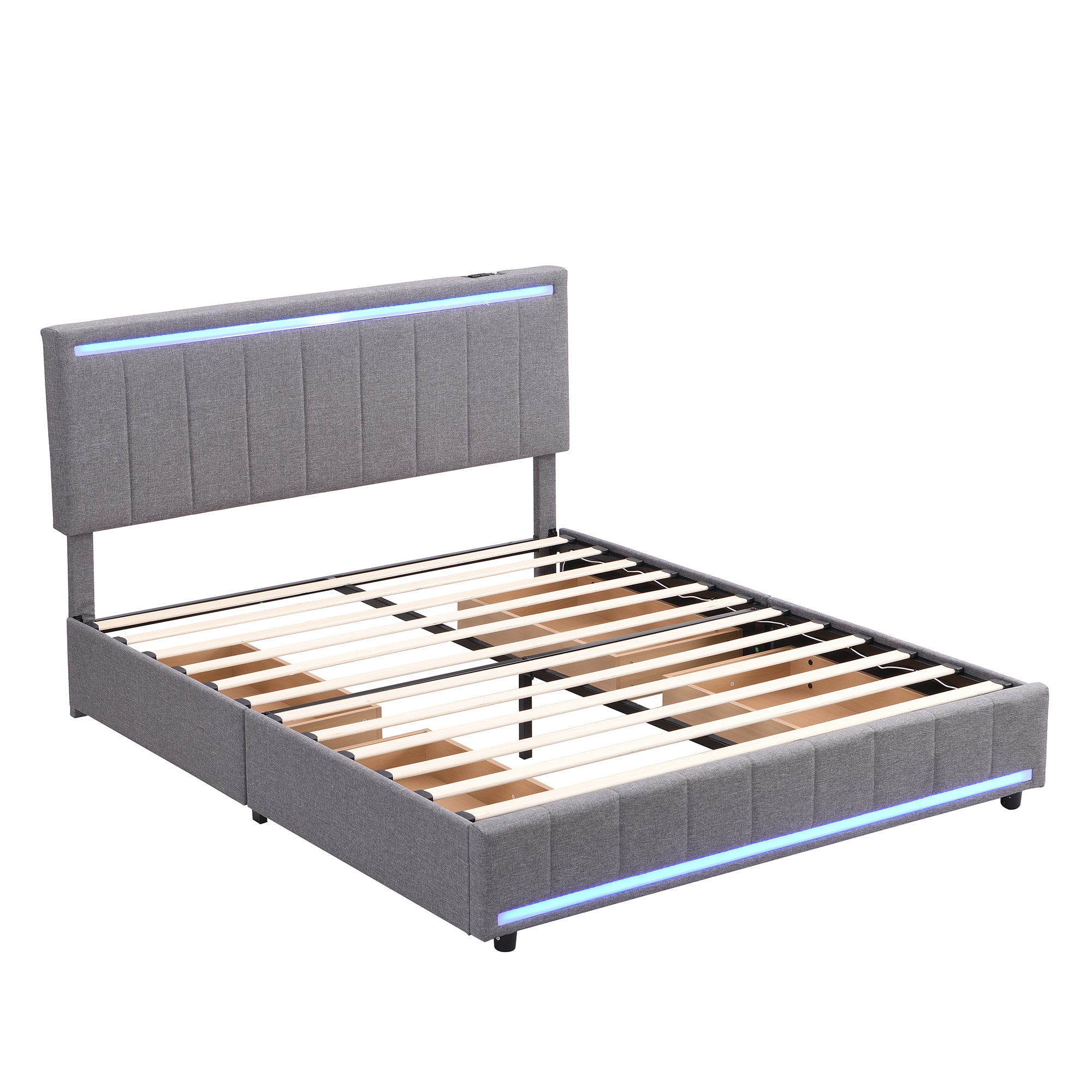 Queen Size Upholstered Bed with LED Light and 4 Drawers,  Modern Platform Bed with a set of Sockets and USB Ports, Linen Fabric, Beige