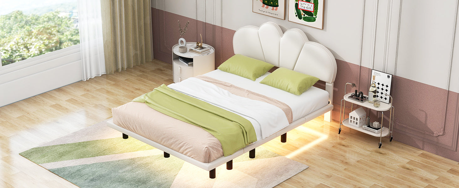 Queen Size Upholstery Platform Bed with PU Leather Headboard and Support Legs,Underbed LED Light,Beige