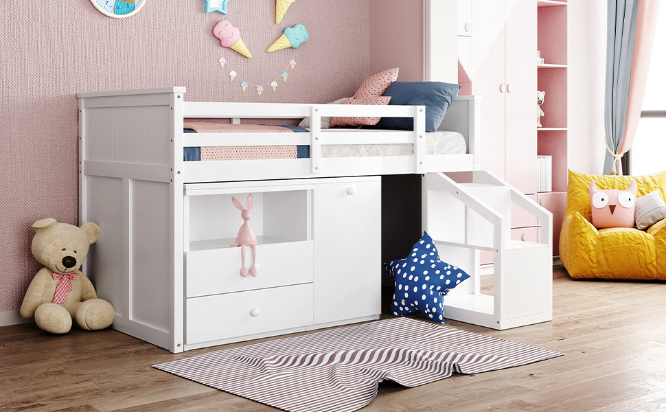 Loft Bed Low Study Twin Size Loft Bed With Storage Steps and Portable,Desk,White(OLD SKU: LT000101AAK)