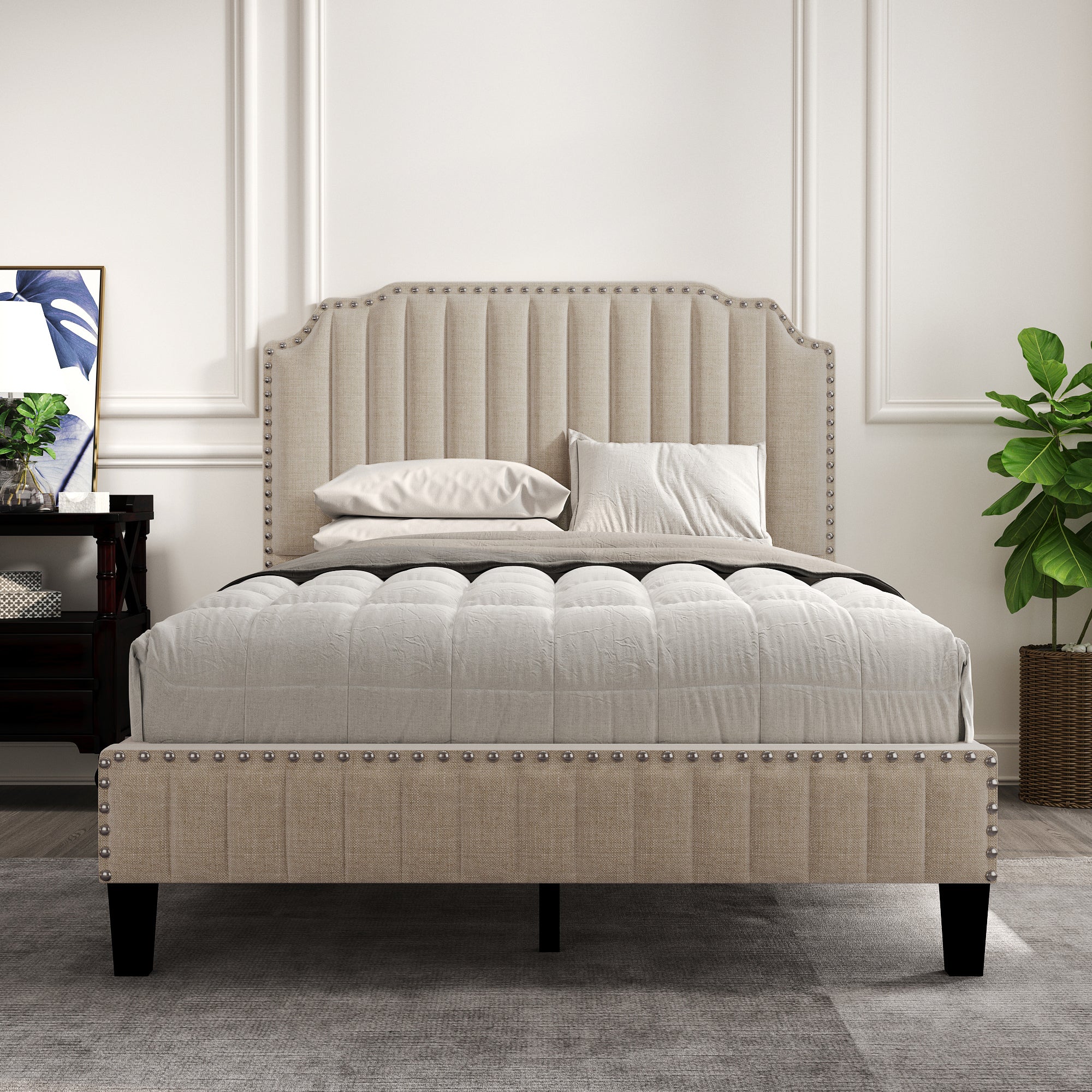 3 Pieces Bedroom Set Modern Linen Curved Upholstered Beige Platform Full Bed with Two Black Cherry Nightstands