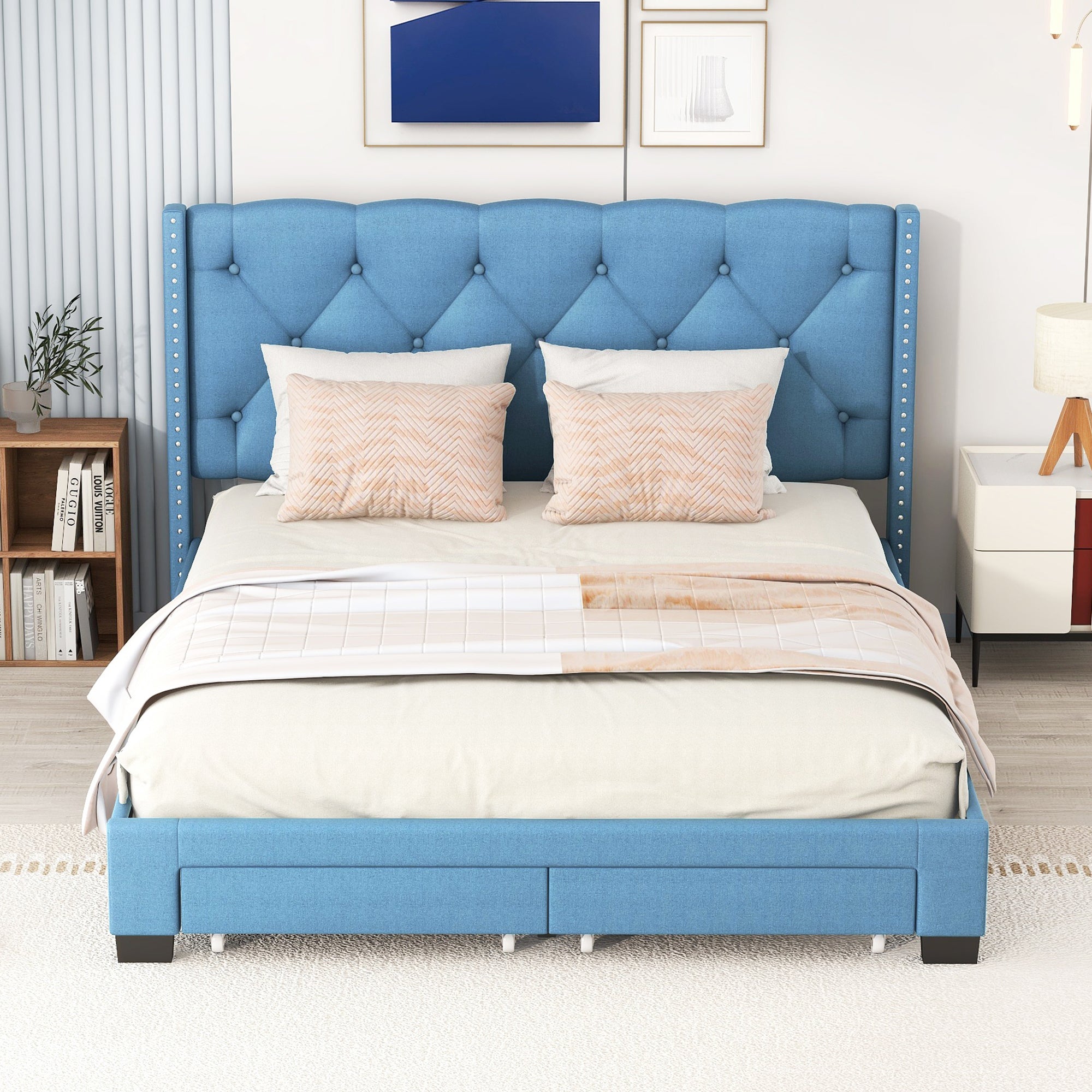 Queen Size Storage Bed Linen Upholstered Platform Bed with Two Drawers - Blue