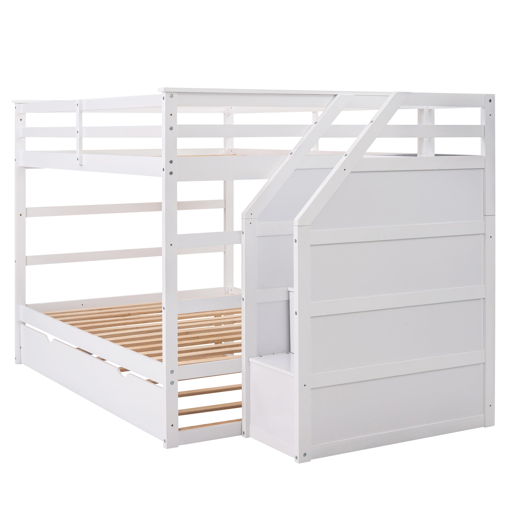 Full-over-Full Bunk Bed with Twin Size Trundle and 3 Storage Stairs,White