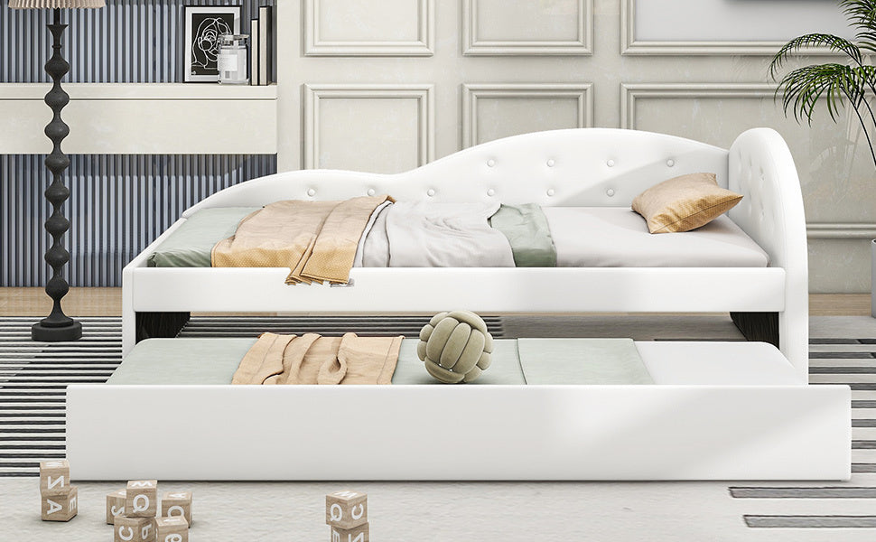 Twin Size PU Upholstered Tufted Daybed with Trundle and Cloud Shaped Guardrail, White
