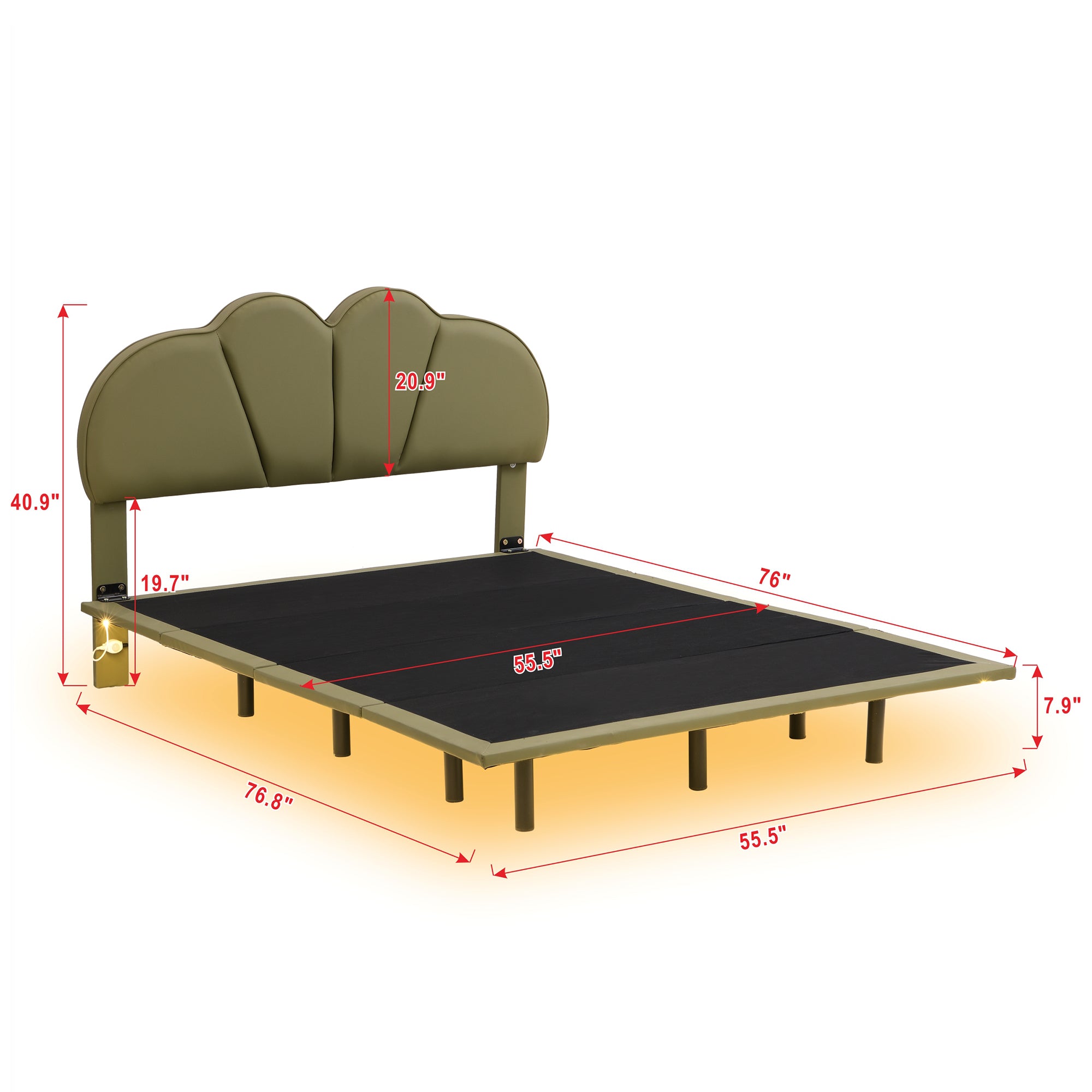 Full Size Upholstery Platform Bed with PU Leather Headboard and Support Legs,Underbed LED Light,Green
