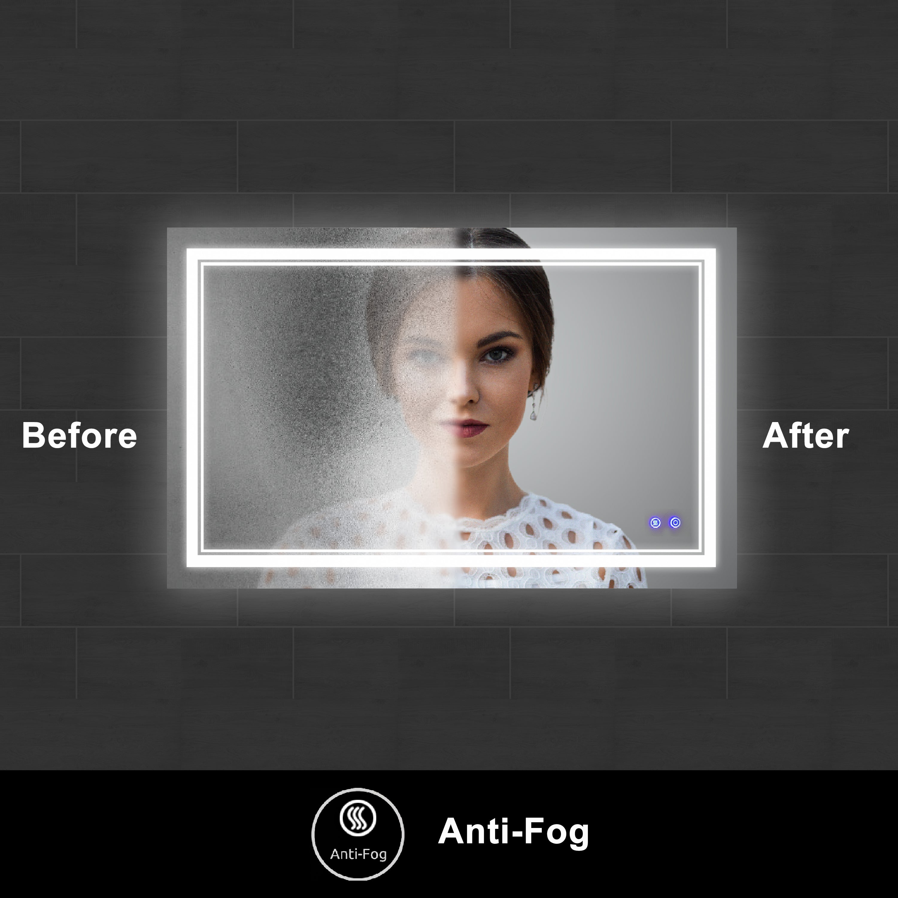 40 x 24 Inch Frameless LED Illuminated Bathroom Wall Mirror, Touch Button Defogger, Rectangular, Silver