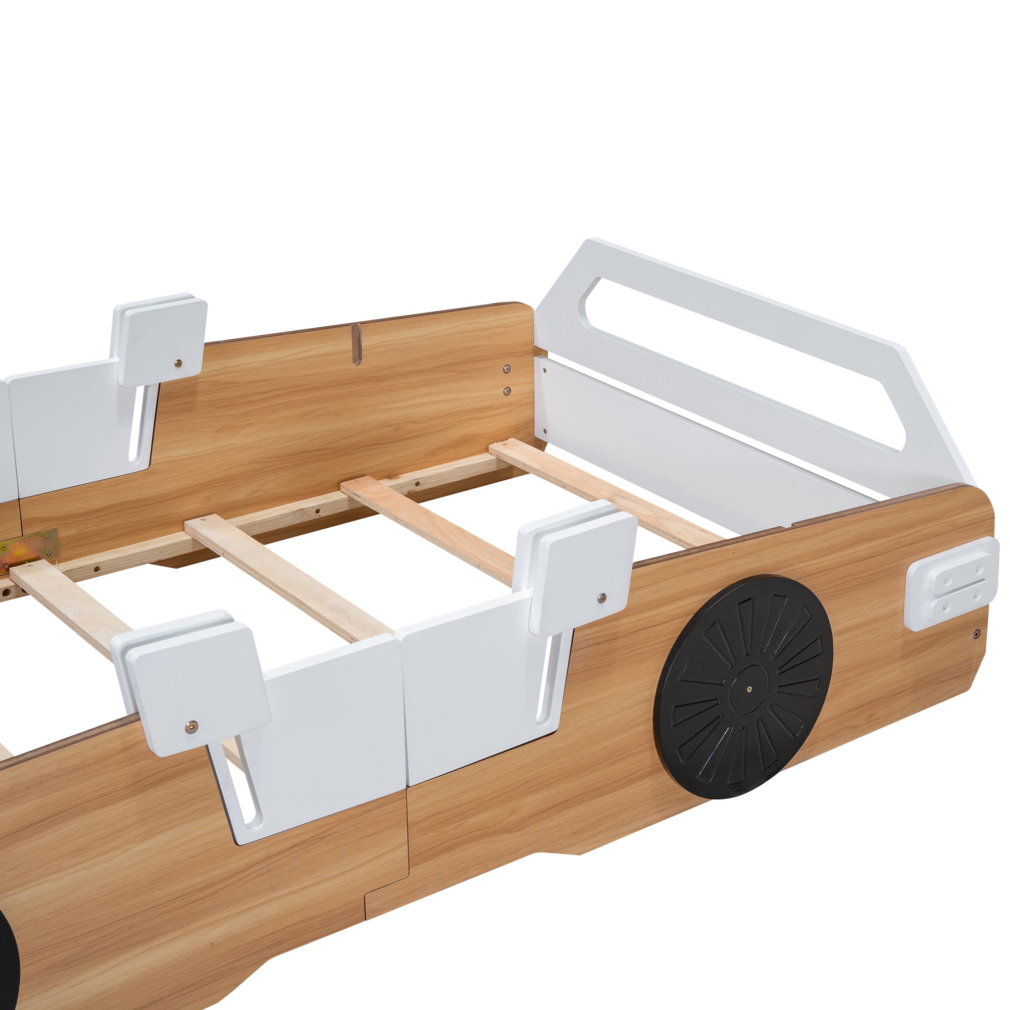 Wood Twin Size Racing Car Bed with Door Design and Storage, Natural+White+Black