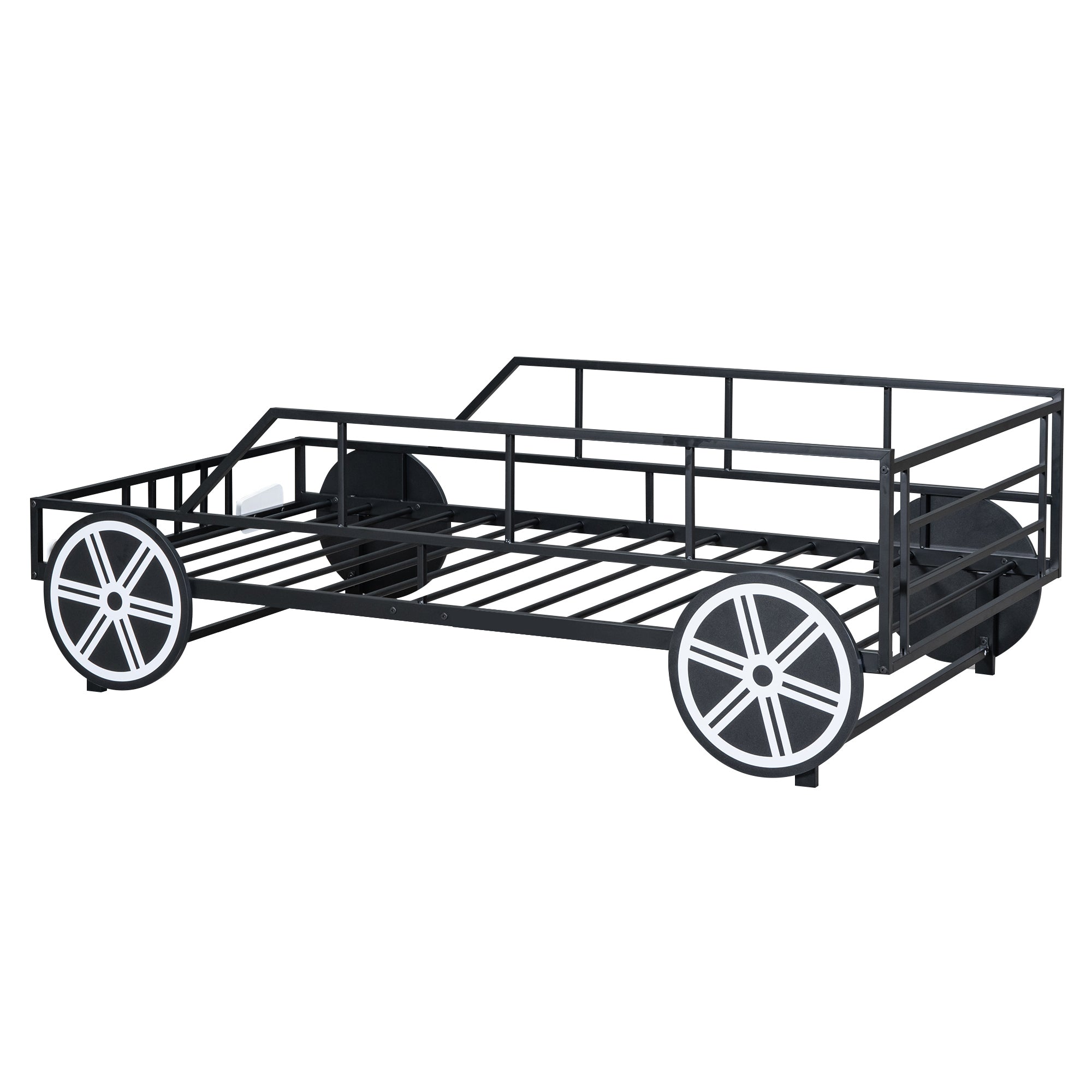 Metal Twin Size Car-shaped Platform Bed with Wheels and Headlights Decoration, Black