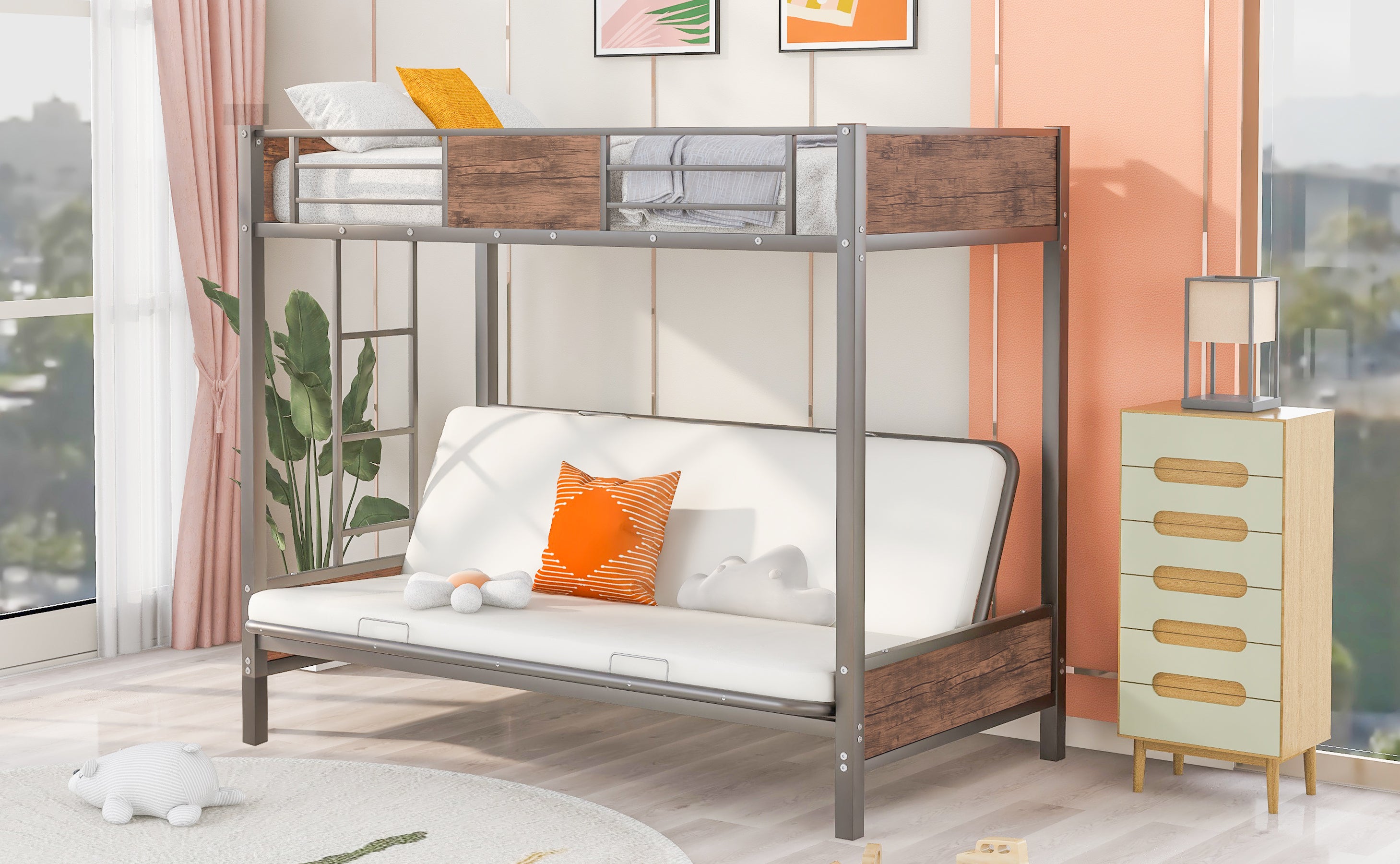 Twin-Over-Futon Bunk Bed, Metal Futon Bunk Bed Frame with Guardrails and Ladder(Gray)(OLD SKU:LP000096AAE)