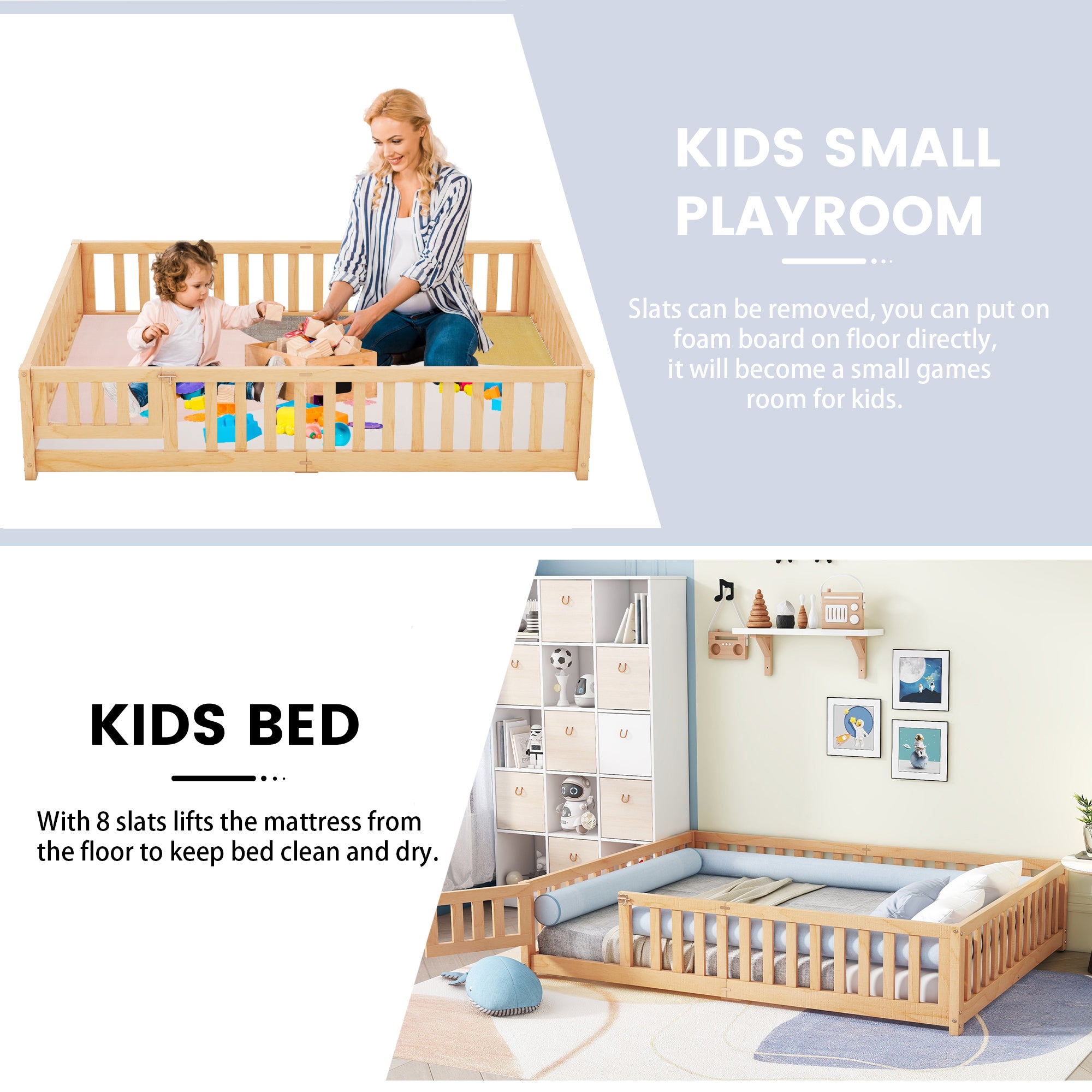 Queen Size Bed Floor Bed with Safety Guardrails and Door for Kids, Natural (Expect Arrival Date Nov.2nd)