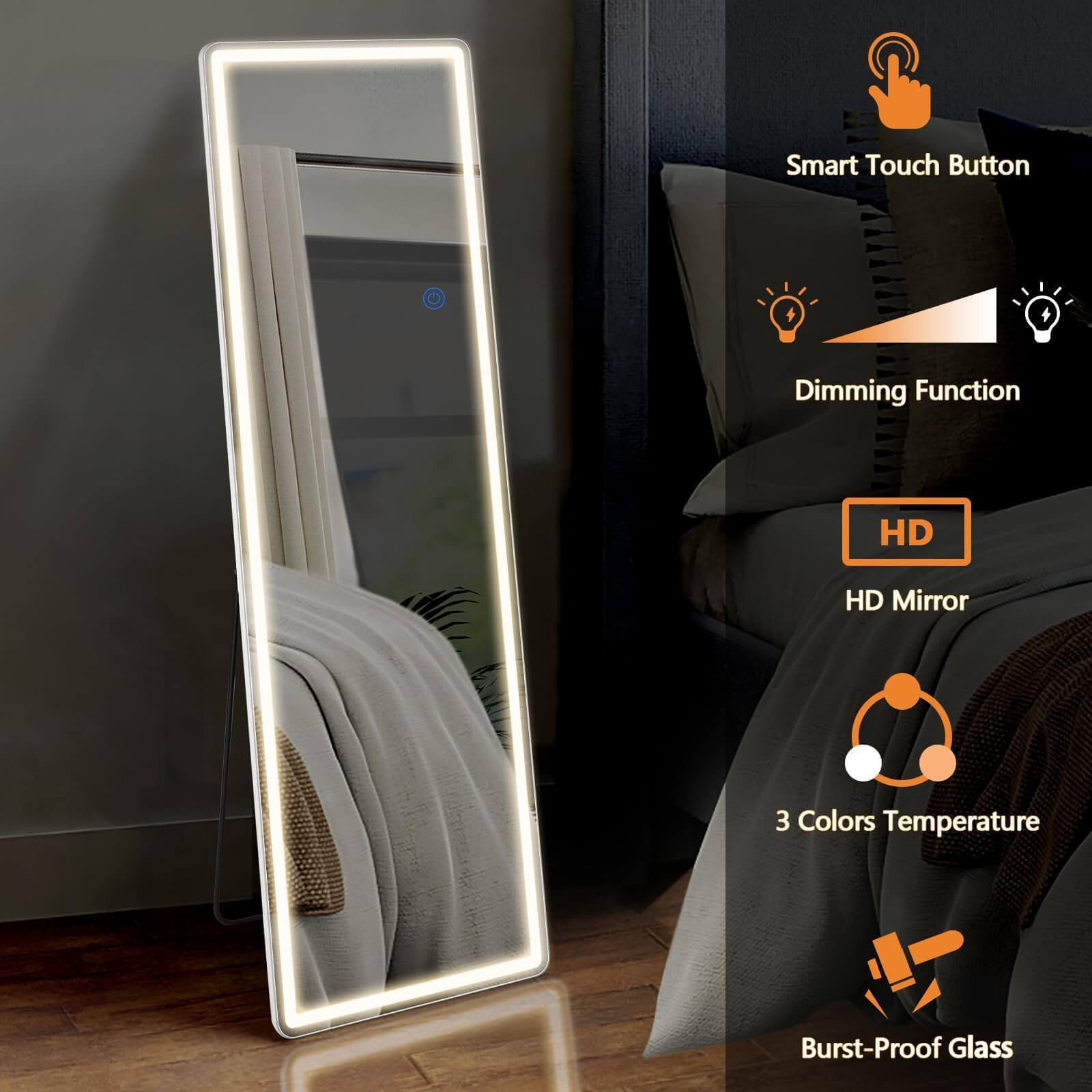 3 Color Lighting Mirror with LED Lights, 64"x21" Lighted Floor Standing Mirror with Stand