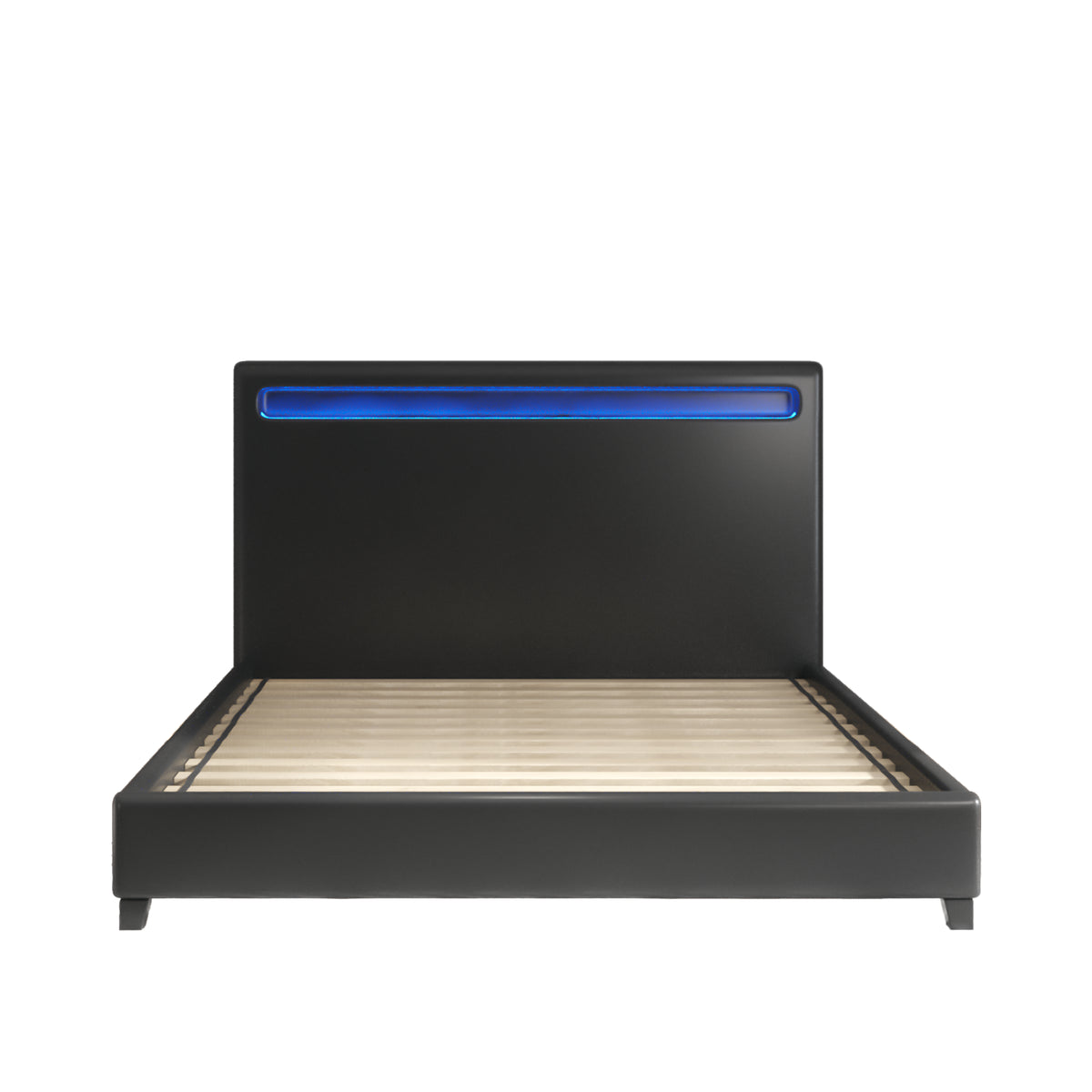 Queen Size Faux Leather Upholstered Platform Bed Frame with LED lighting, Wood Slat Support, No Box Spring Needed, Black