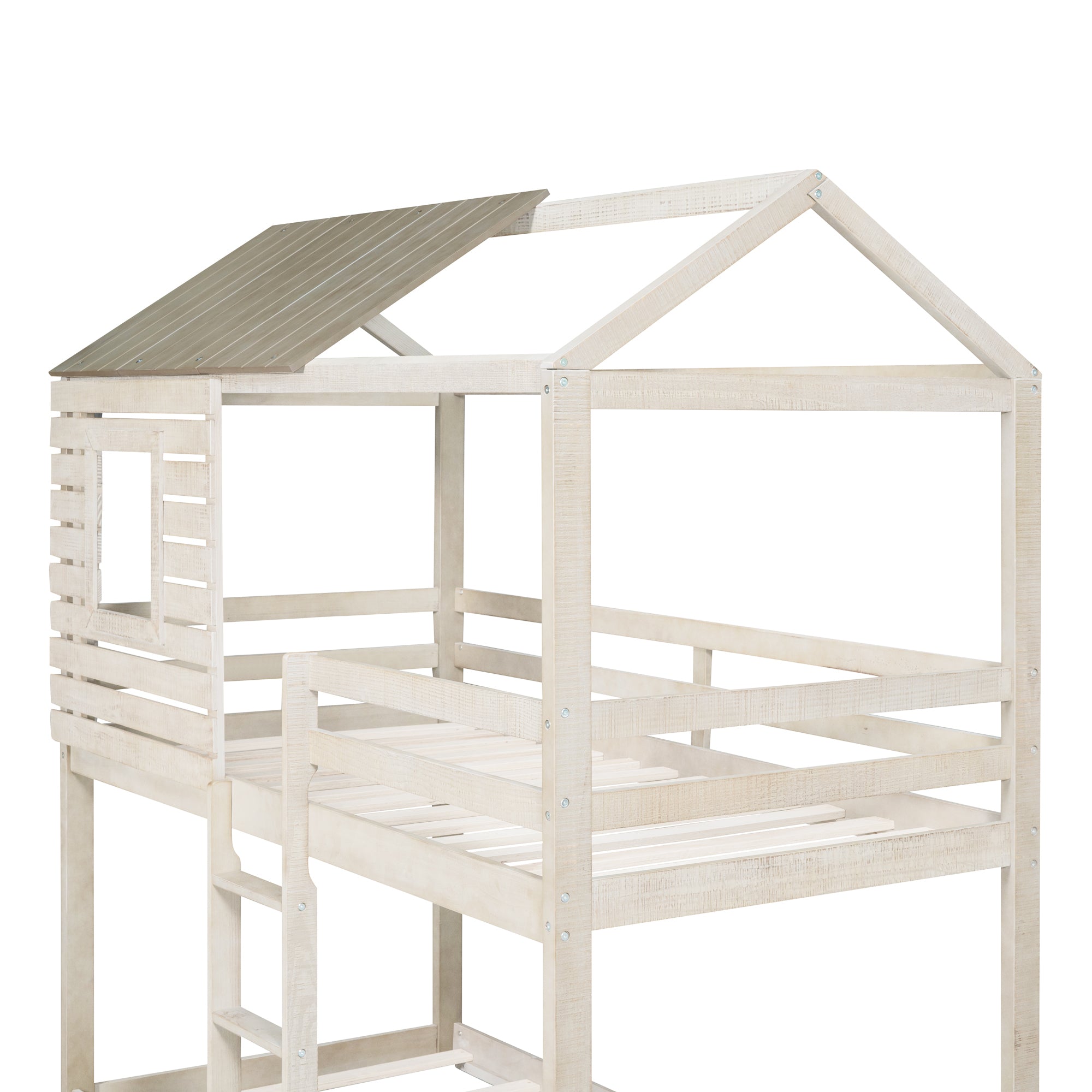 Twin Over Twin Bunk Bed Wood Loft Bed with Roof, Window, Guardrail, Ladder (Antique White )