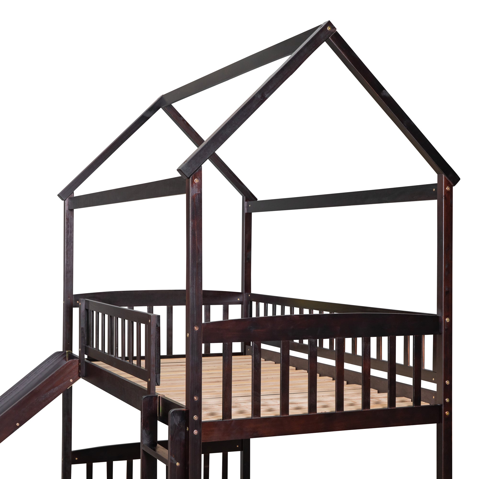 Twin Over Twin Bunk Bed with Slide, House Bed with Slide, Espresso(OLD SKU: LT000214AAP)