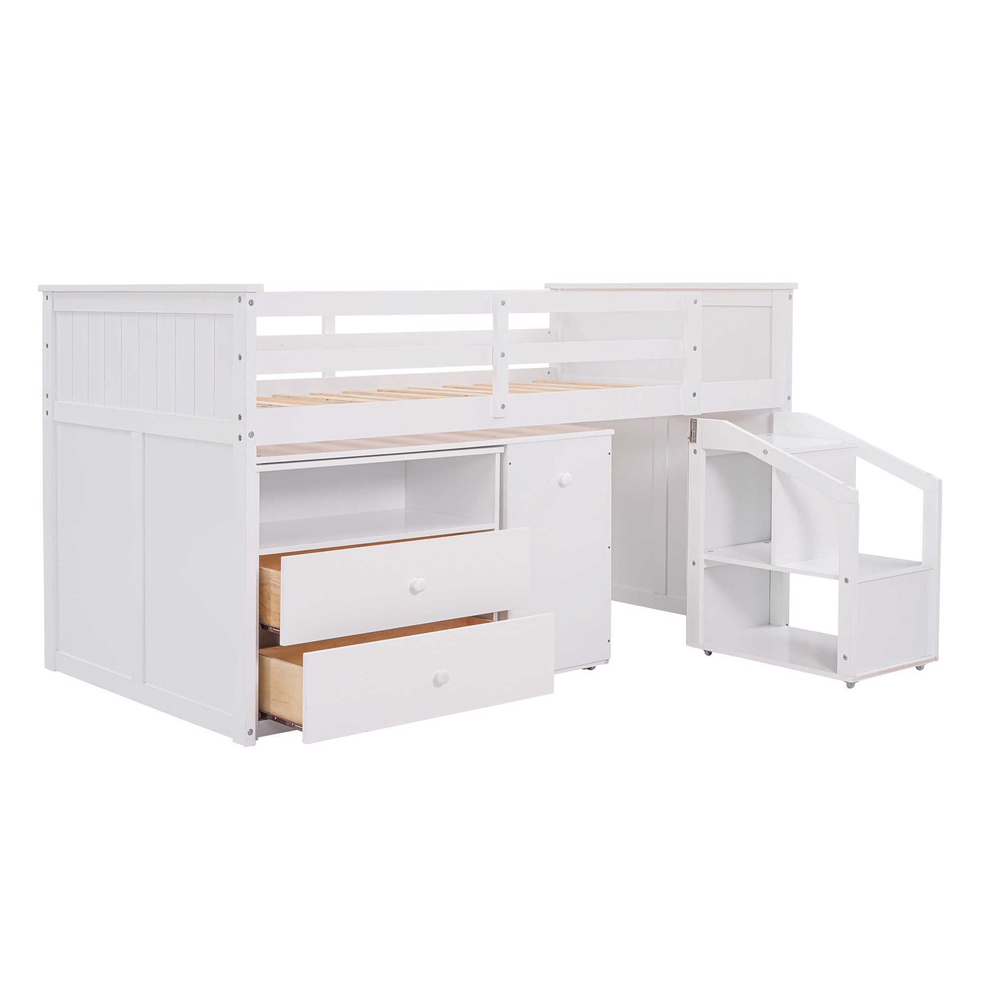 Loft Bed Low Study Twin Size Loft Bed With Storage Steps and Portable,Desk,White(OLD SKU: LT000101AAK)