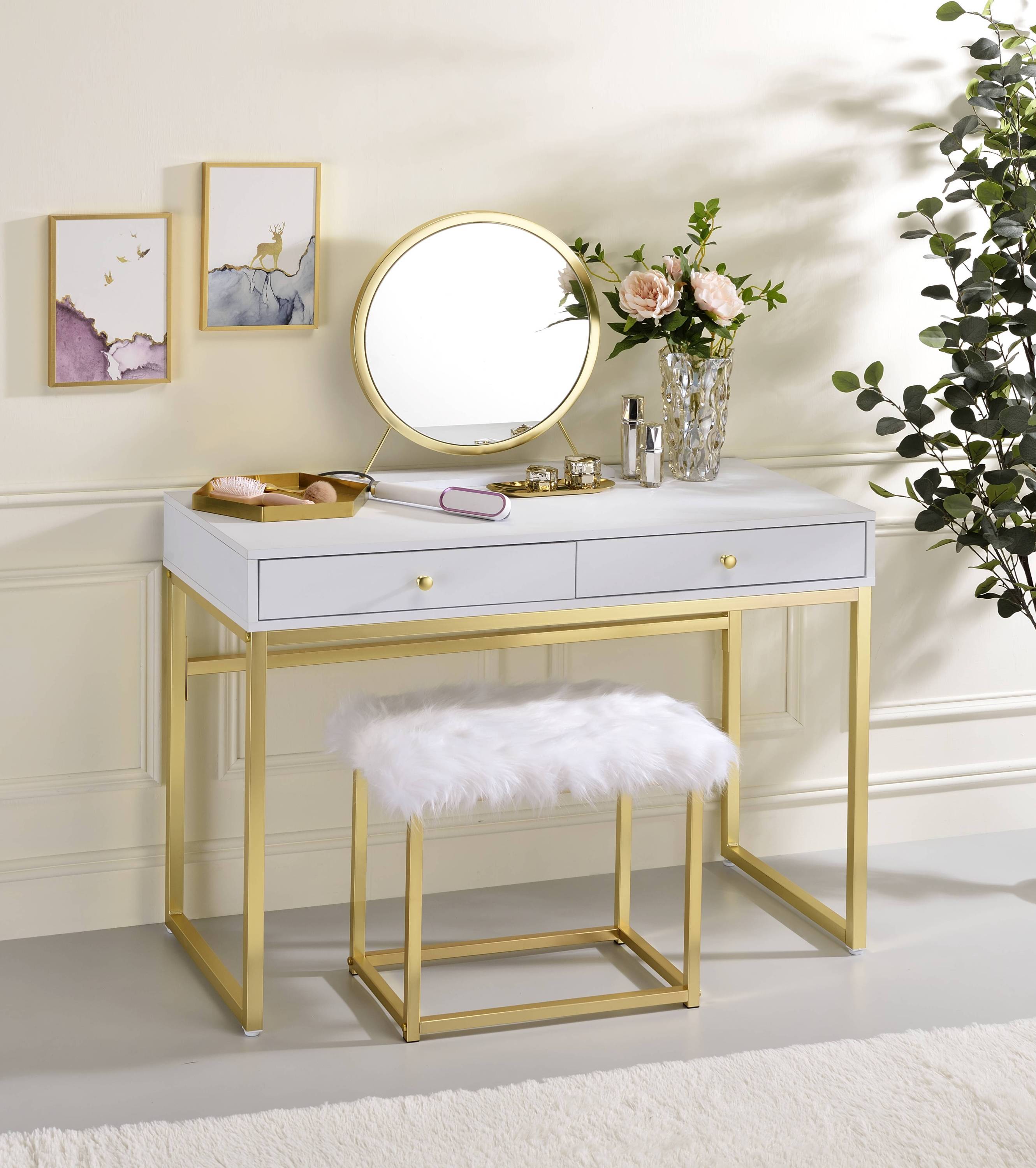 Vanity Mirror & Stool in Faux Fur, Mirror, White & Brass Finish AC00932