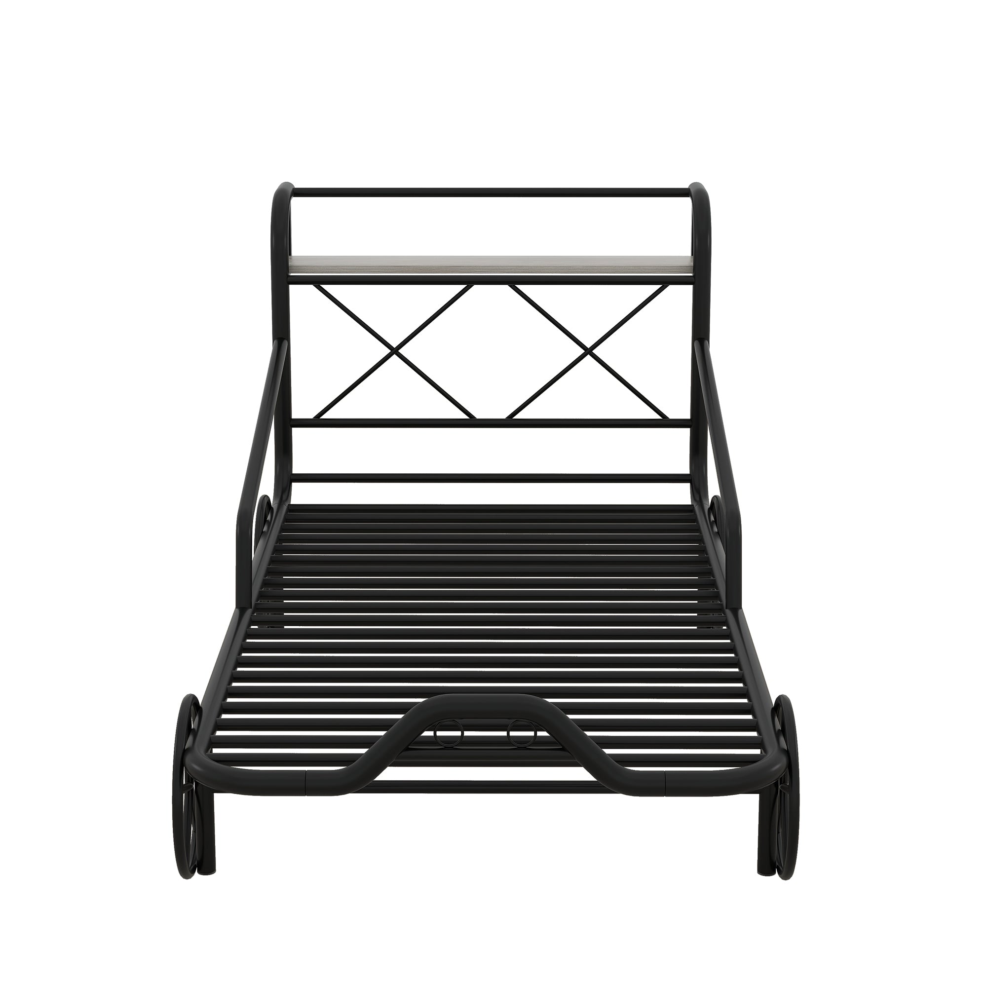 Twin Size Metal Car Bed with Four Wheels, Guardrails and  X-Shaped Frame Shelf, Black(Old SKU: MF297599AAB)