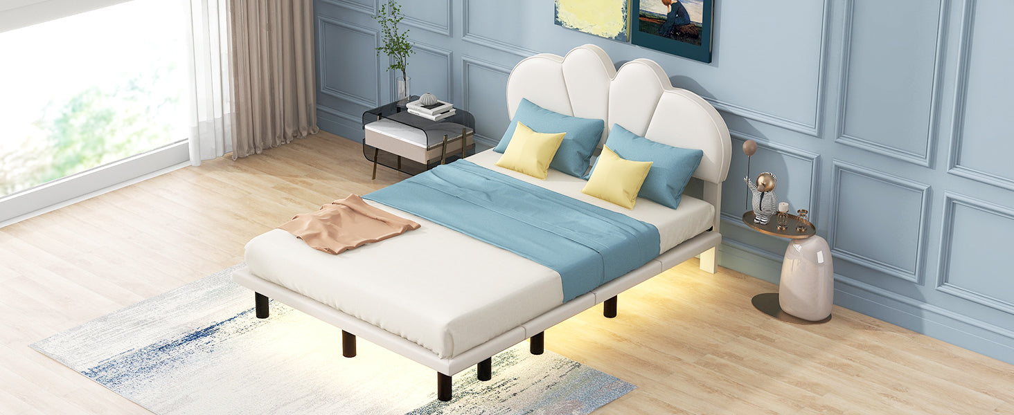 Full Size Upholstery Platform Bed with PU Leather Headboard and Support Legs,Underbed LED Light,Beige