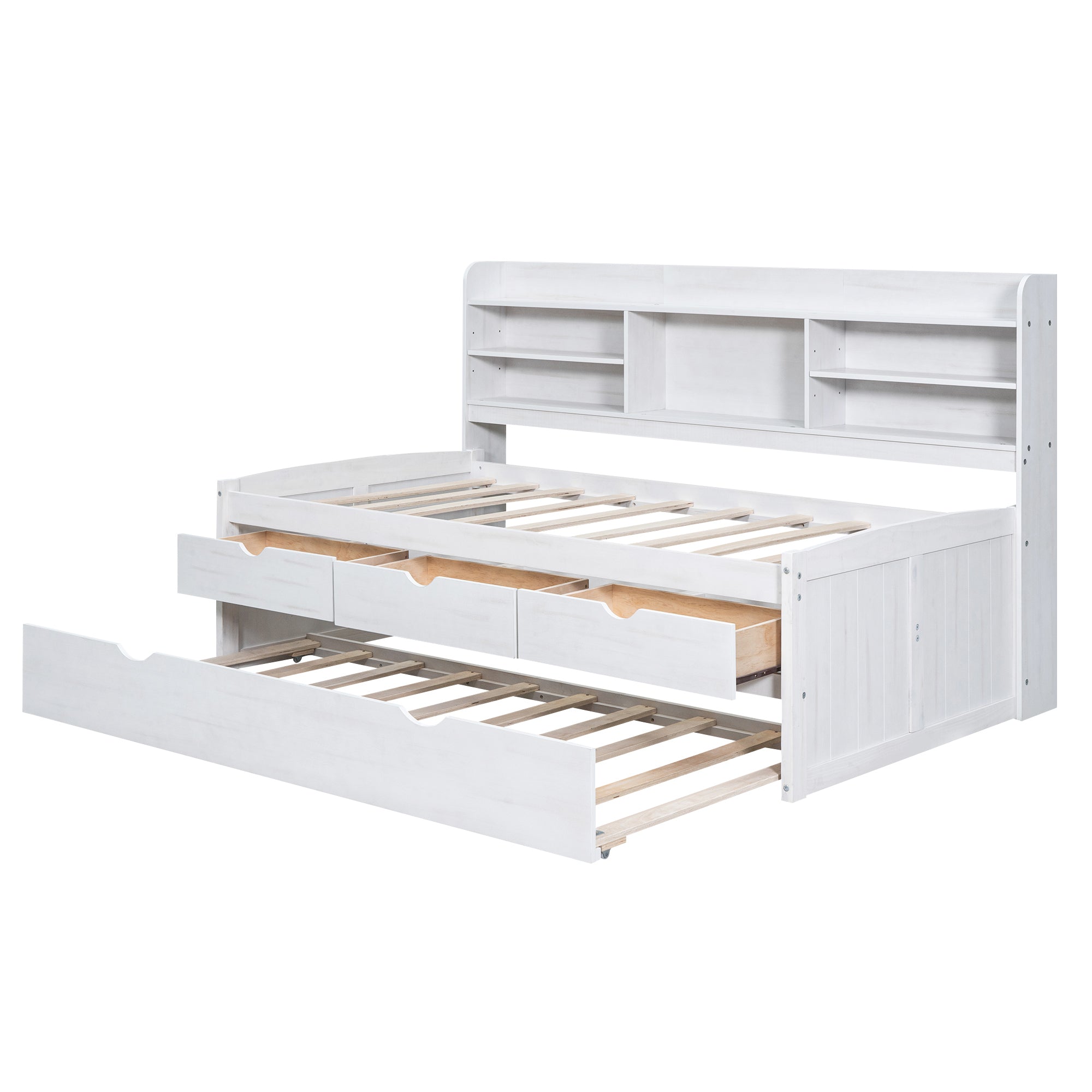 Twin Size Wooden Captain Bed with Built-in Bookshelves,Three Storage Drawers and Trundle, White Wash(Expected Arrivial Time: 11.17)