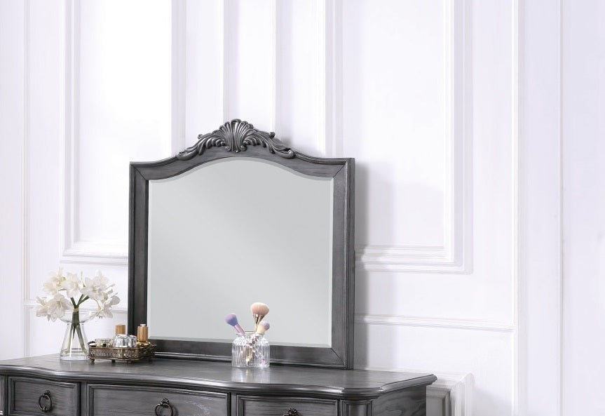 Contemporary Grey Finish Vanity Set w Stool Retro Style Drawers cabriole-tapered legs Mirror w floral crown molding Bedroom Furniture