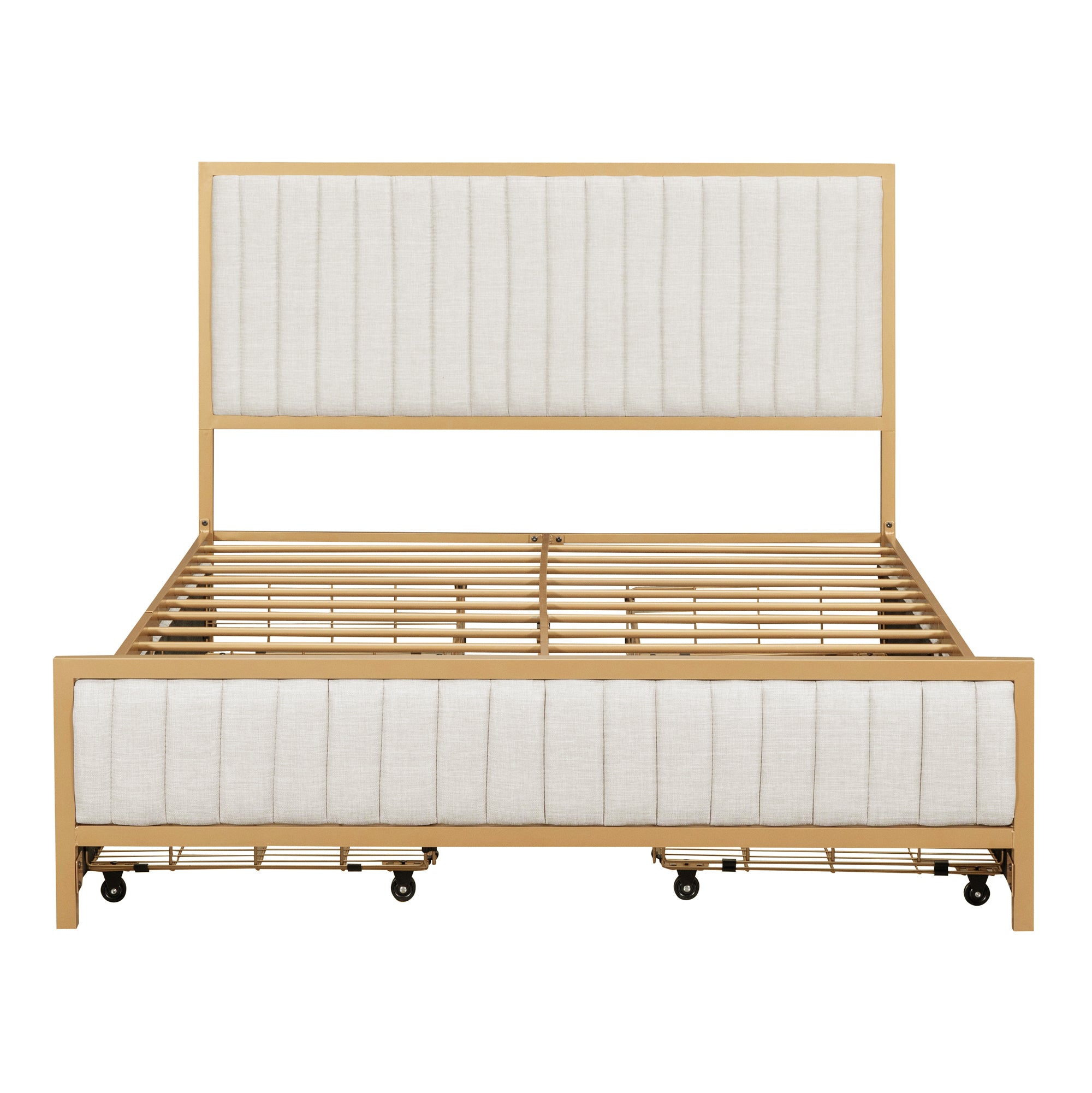 Full Size Metal Frame Upholstered Bed with 4 Drawers, Linen Fabric, Beige