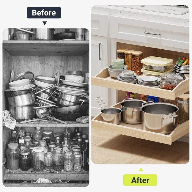 Wooden Pull-Out Cabinet Shelf Organizer with Soft Close Cabinet Drawers Slide Out for Kitchen Base Cabinet