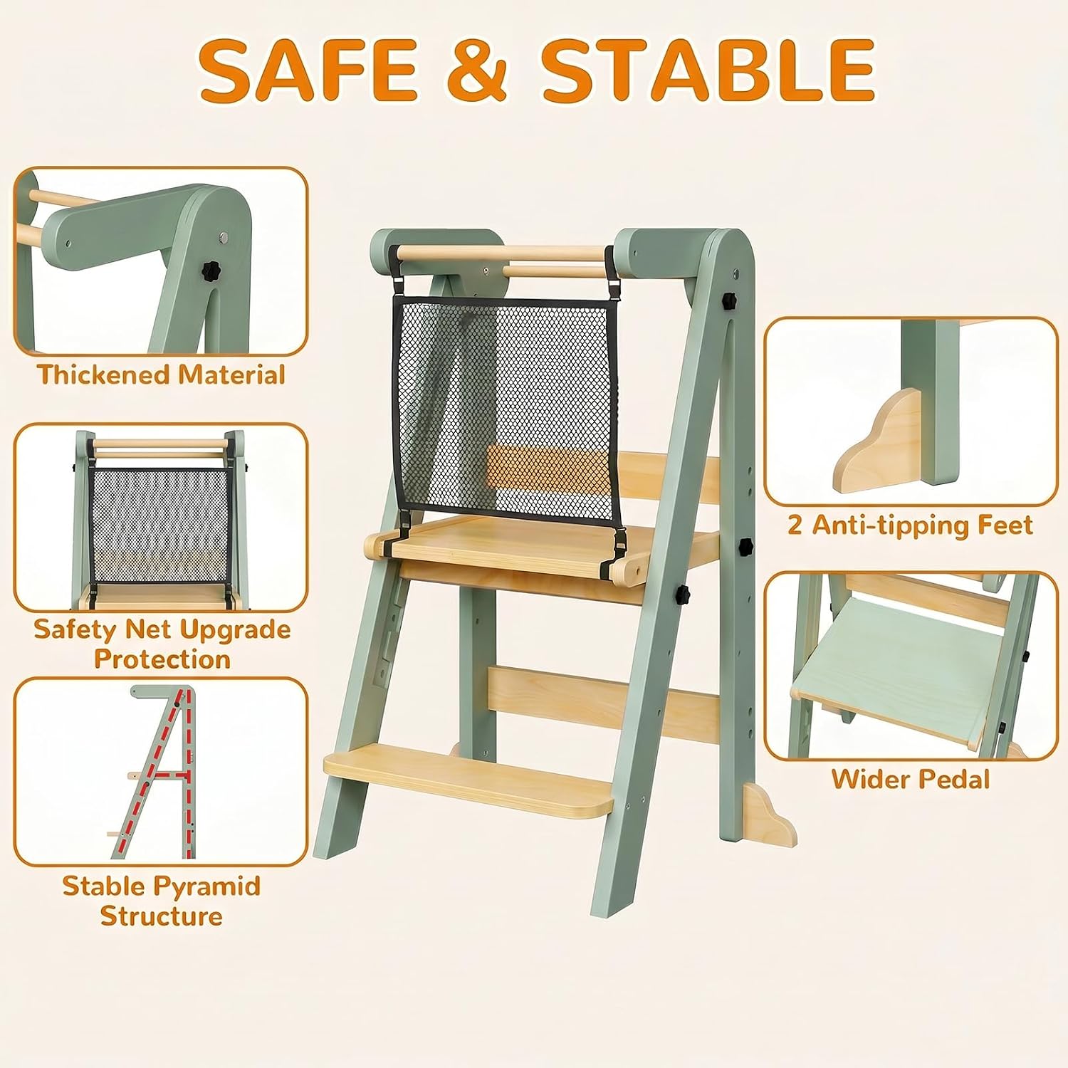 Foldable Toddler Kitchen Tower, 3 Adjustable Height Wooden Step Stool, Toddler Standing Tower with Safety Net