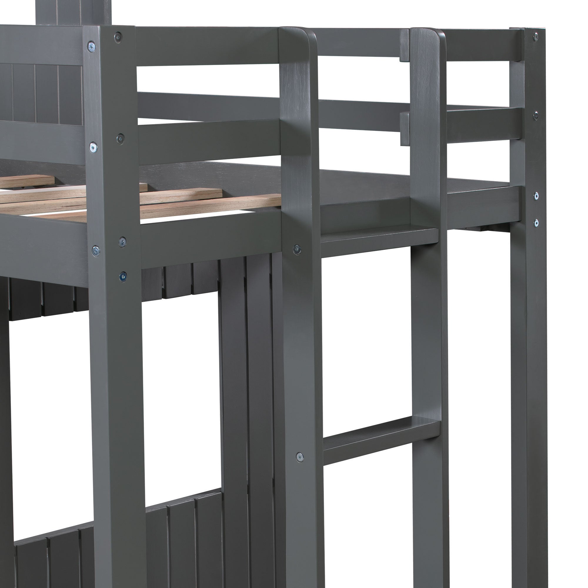Wooden Twin Over Full Bunk Bed, Loft Bed with Playhouse, Farmhouse, Ladder and Guardrails , Gray( old sku: LT000027AAN )