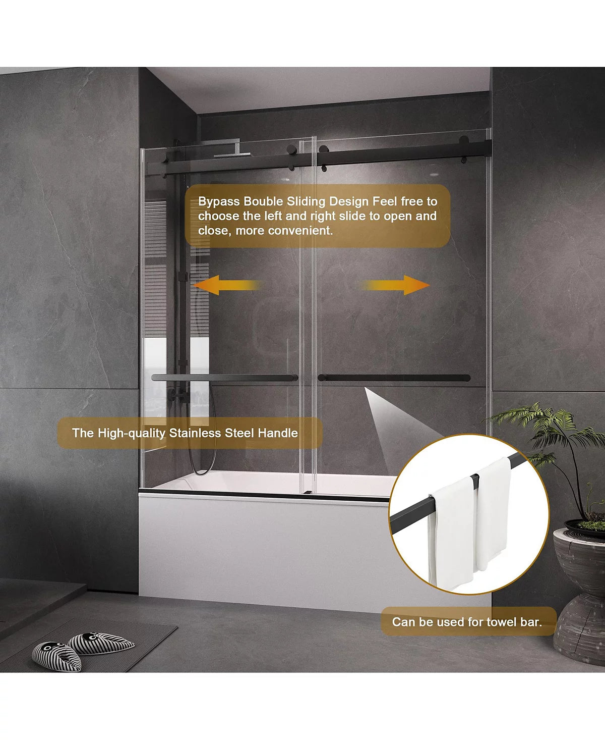 Frameless Bathtub Shower Doors 56-60 W x 60 H