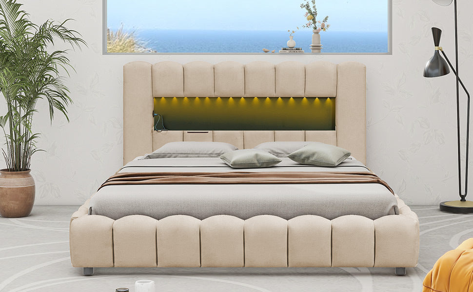 Queen Size Upholstered Platform Bed with LED Headboard and USB, Beige