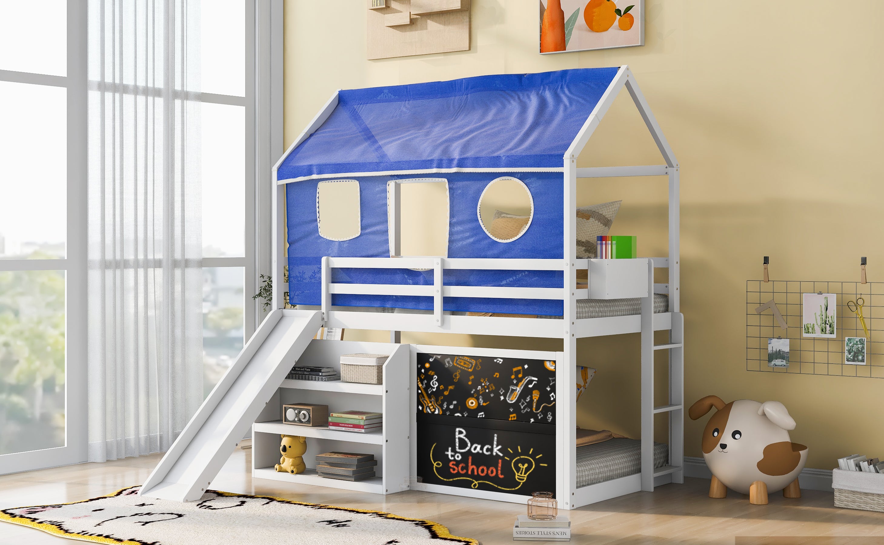 Twin over Twin House Bunk Bed with Blue Tent, Slide, Shelves and Blackboard, White