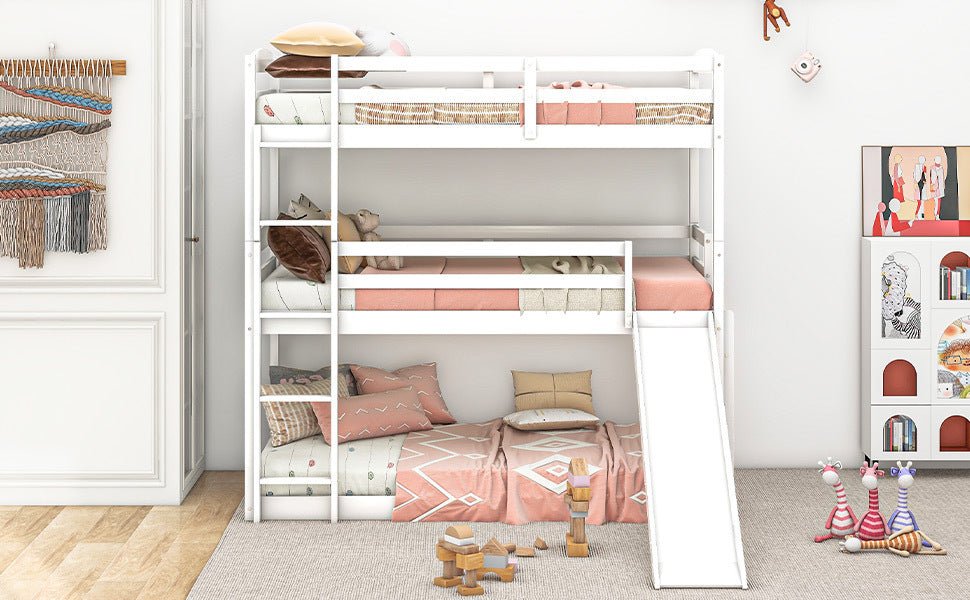 Twin over Twin over Twin Adjustable Triple Bunk Bed with Ladder and Slide, White (OLD SKU:SM000508AAK-1)