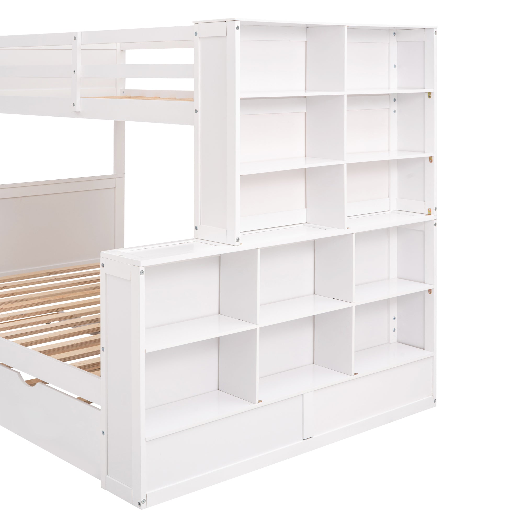Twin over Full Bunk Bed with Trundle and Shelves, can be Separated into Three Separate Platform Beds, White