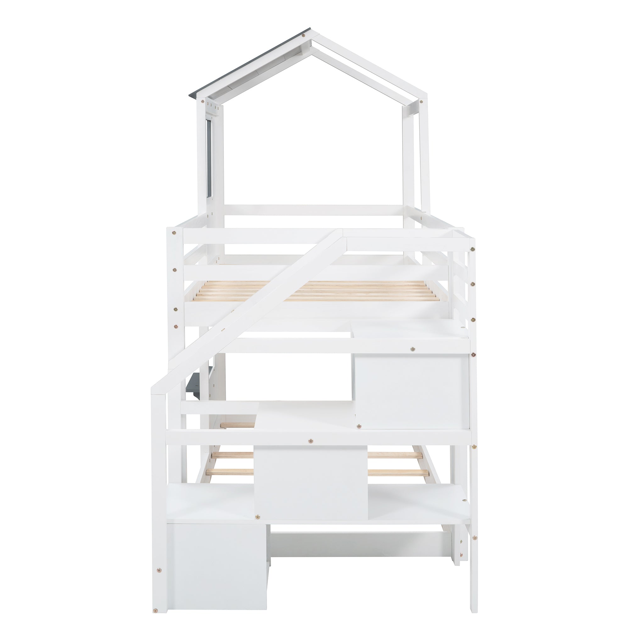 Twin Over Twin Bunk Bed with Storage Stairs,Wood Bed with Roof, Window, Guardrail, Ladder, White