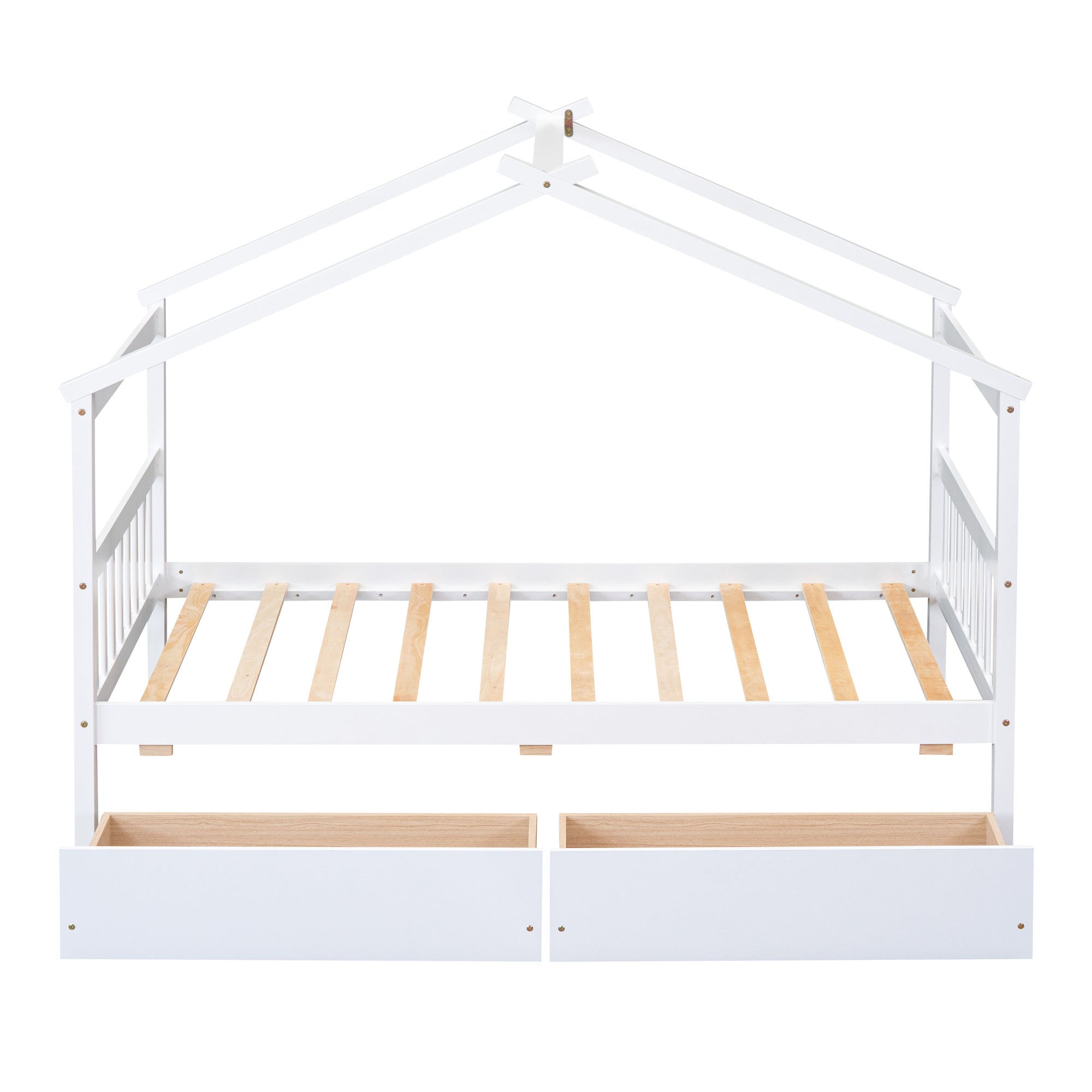 Twin Size Wooden House Bed with Drawers, White