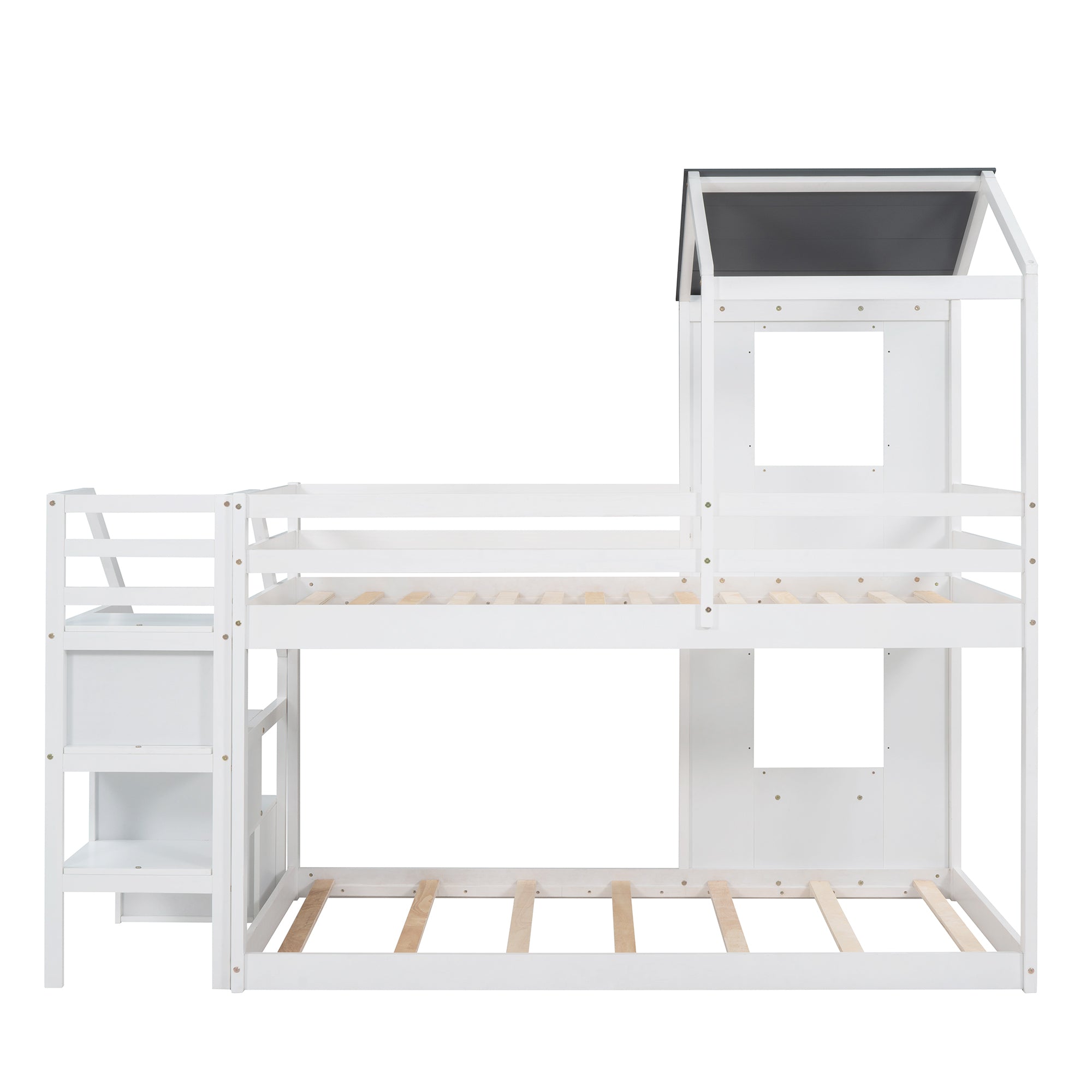 Twin Over Twin Bunk Bed with Storage Stairs,Wood Bed with Roof, Window, Guardrail, Ladder, White