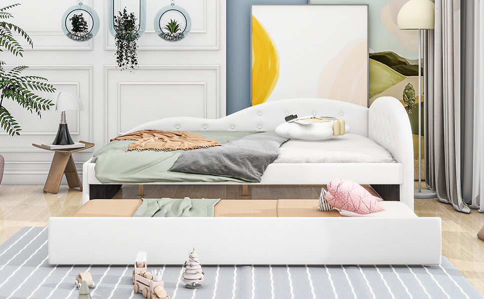 Full Size PU Upholstered Tufted Daybed with Trundle and Cloud Shaped Guardrail, White