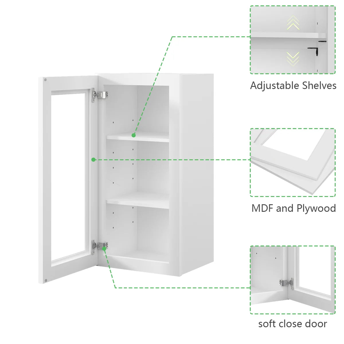 15"W * 30"H * 12"D Shaker White Glass Wall Kitchen Cabinet