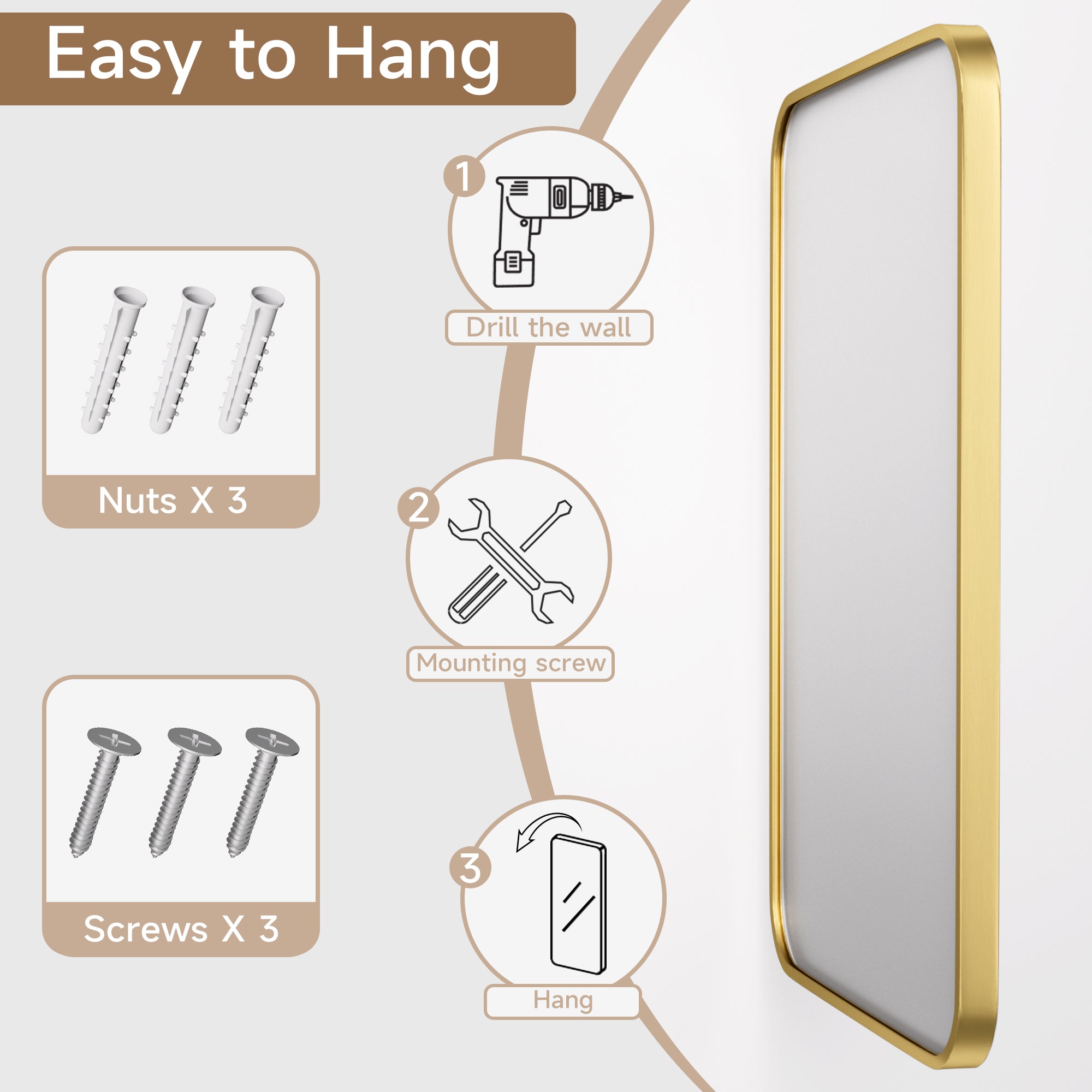 24 in. W x 36 in. H Tempered Glass Rectangular Framed Wall-Mounted Bathroom Vanity Mirror in Gold