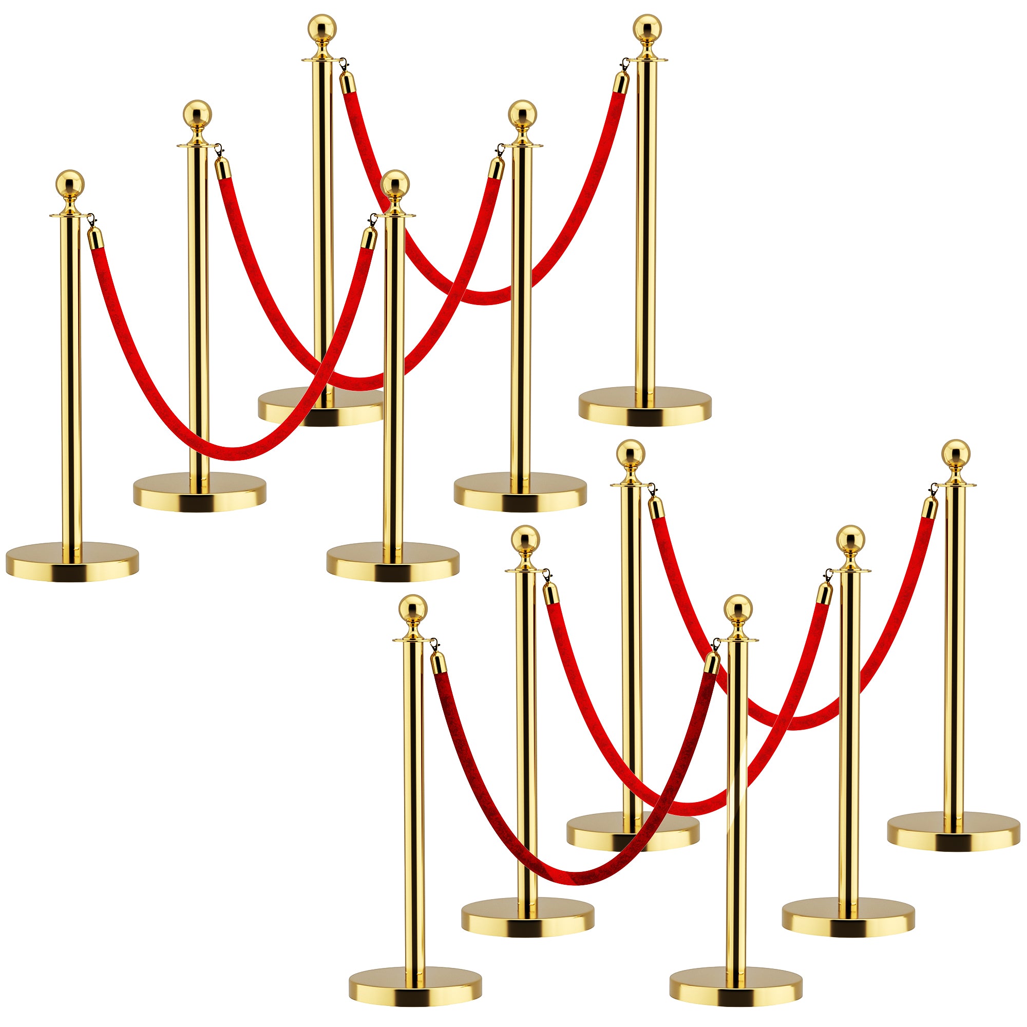 6 PCS Stainless Steel Gold Stanchions with Red Velvet Rope, 5 ft. Crowd Control Barrier with Ball Top (Copy)