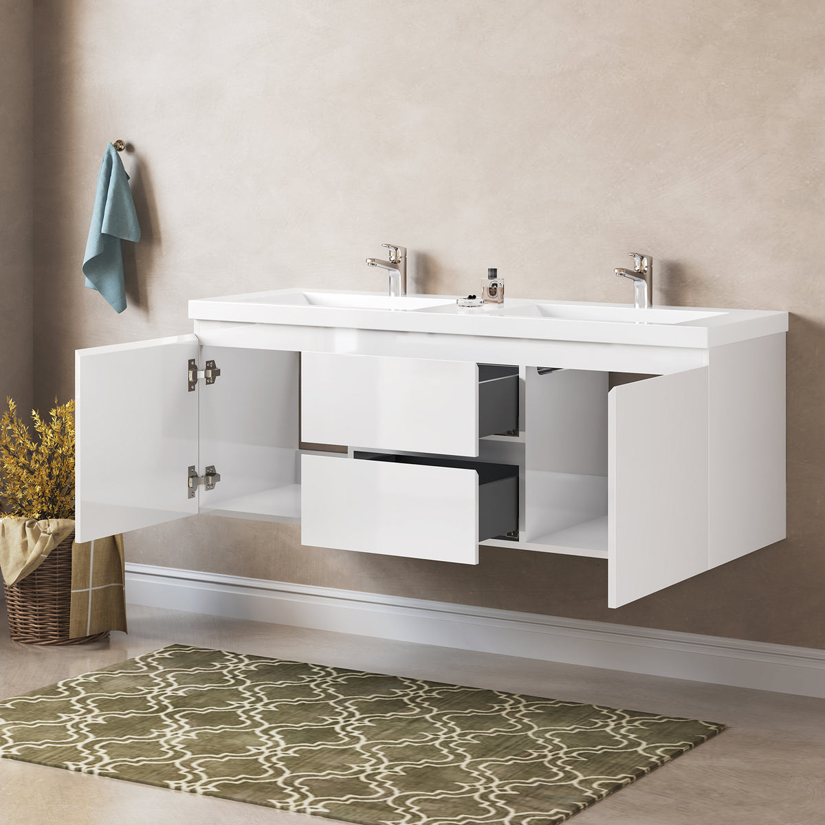 60Inch Floating Bathroom Vanity With Double Undermount Sink Wall Mounted Bathroom Storage Vanity Cabinet Of 2 Drawers And Doors