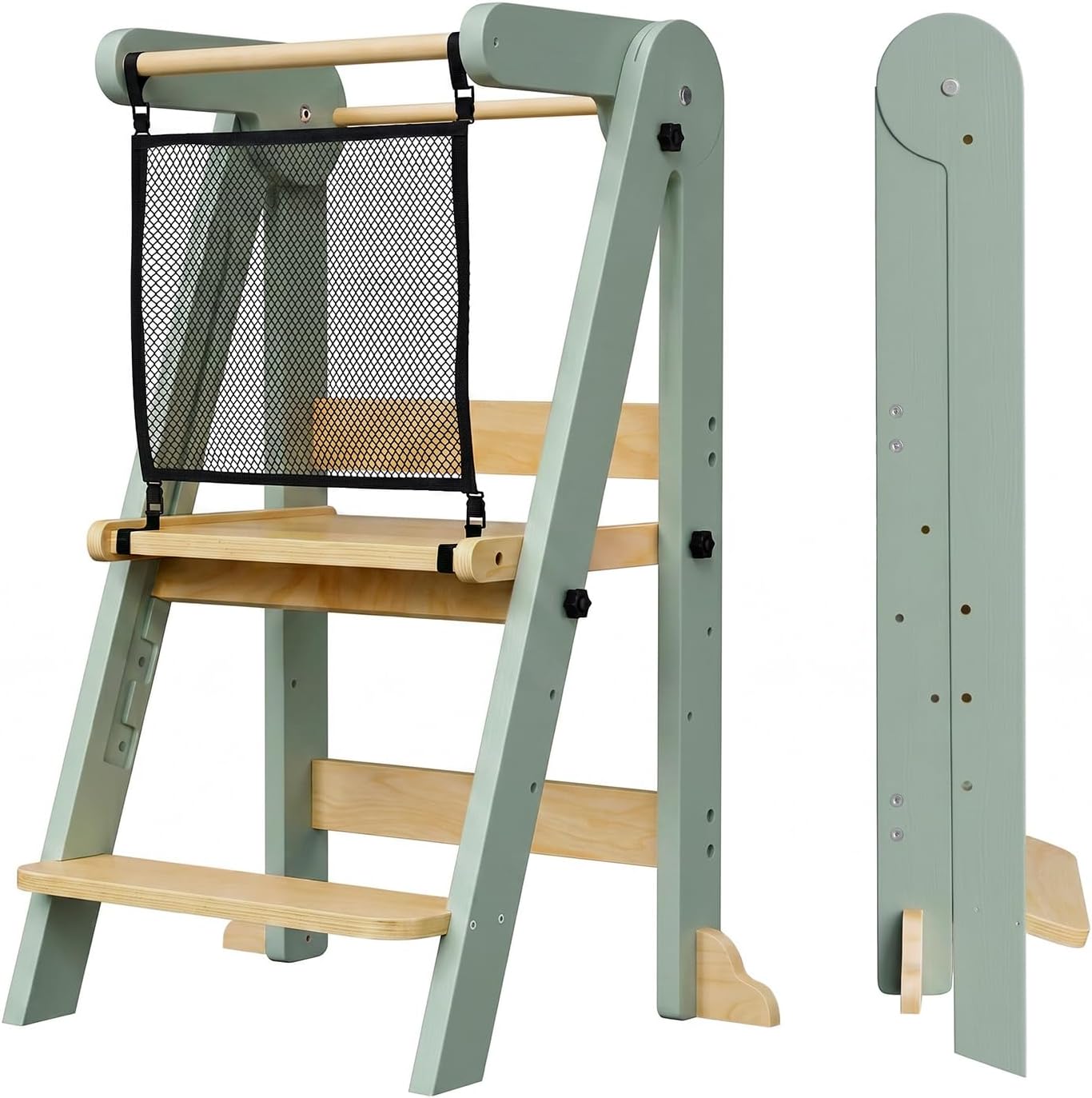 Foldable Toddler Kitchen Tower, 3 Adjustable Height Wooden Step Stool, Toddler Standing Tower with Safety Net