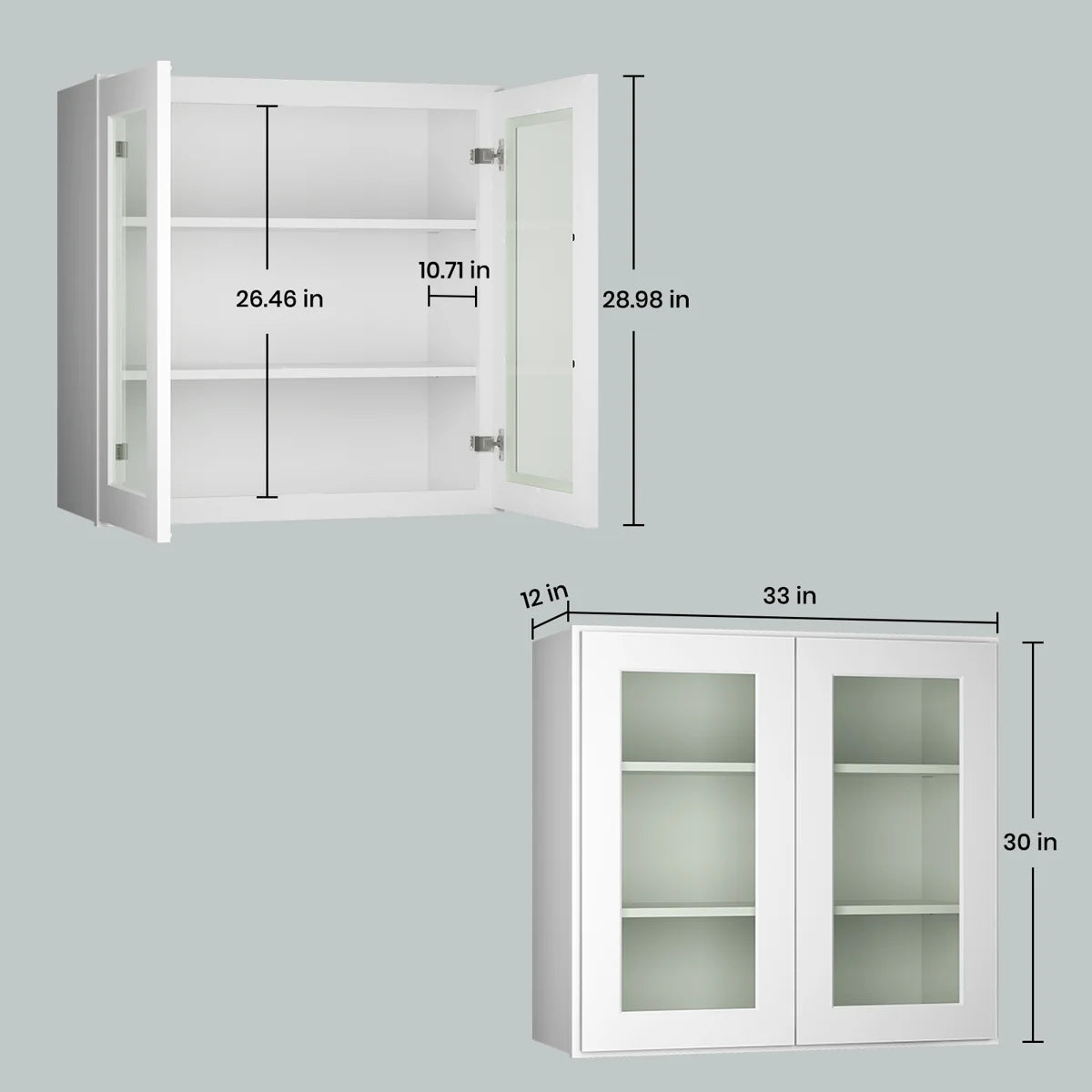 33"W * 30"H * 12"D Shaker White Glass Wall Kitchen Cabinet with Adjustable Shelves