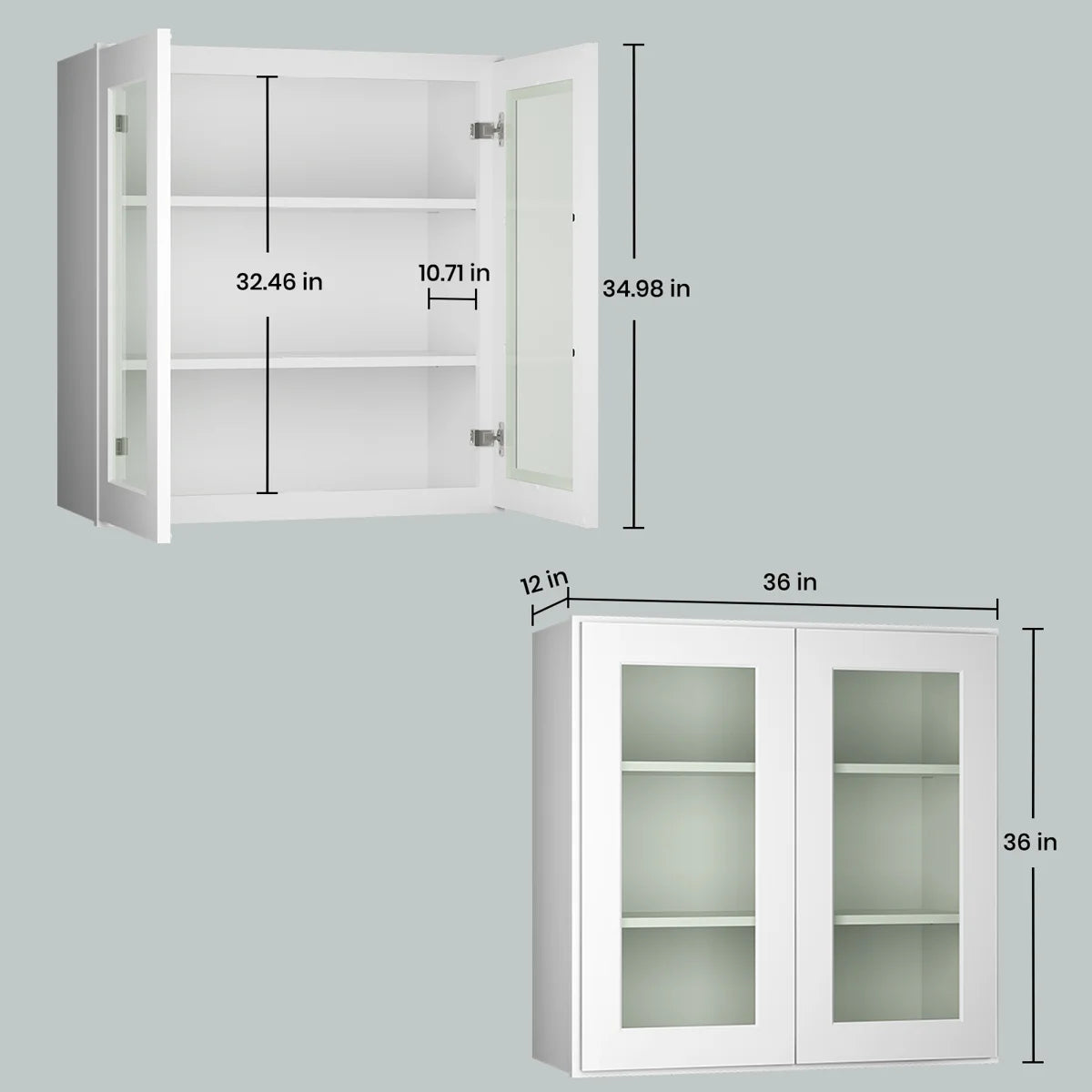 36"W * 36"H * 12"D Shaker White Glass Wall Kitchen Cabinet with Adjustable Shelves