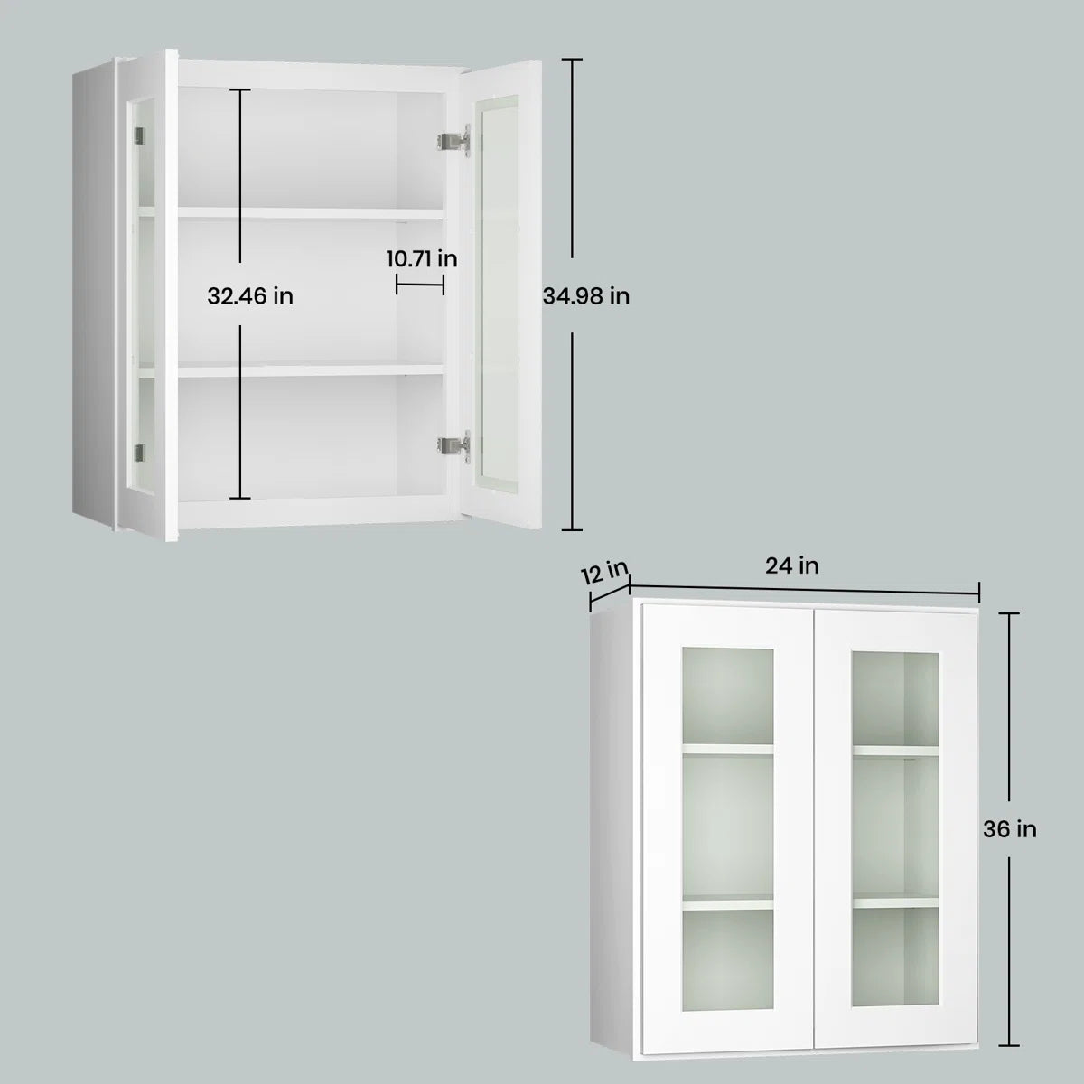 24"W * 36"H * 12"D Shaker White Glass Wall Kitchen Cabinet with Adjustable Shelves