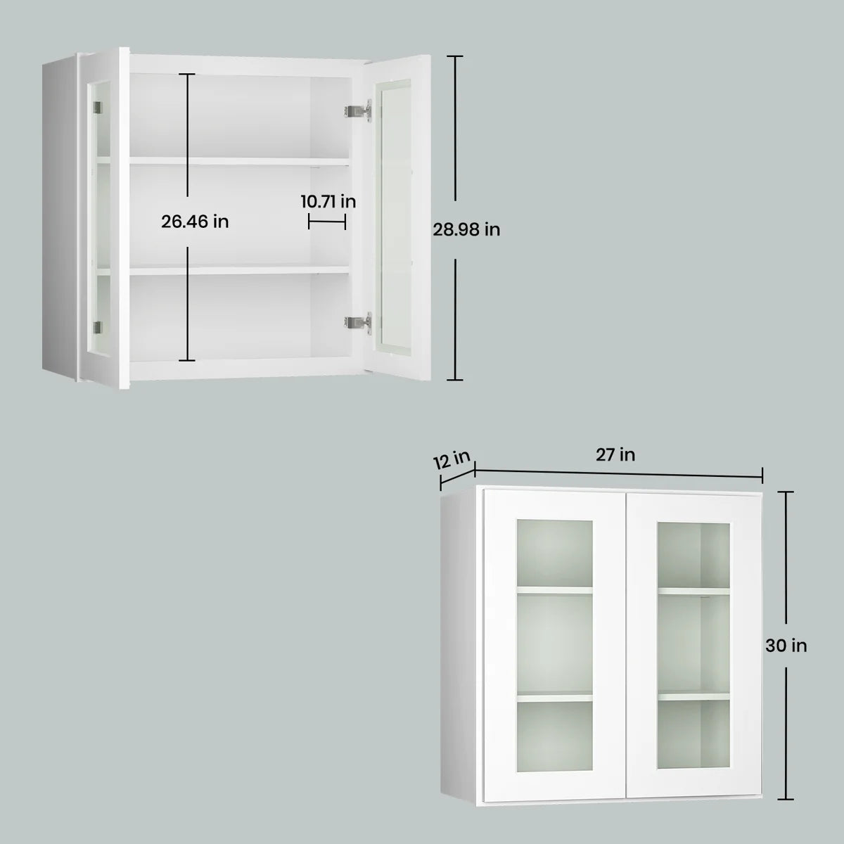 27"W * 30"H * 12"D Shaker White Glass Wall Kitchen Cabinet with Adjustable Shelves