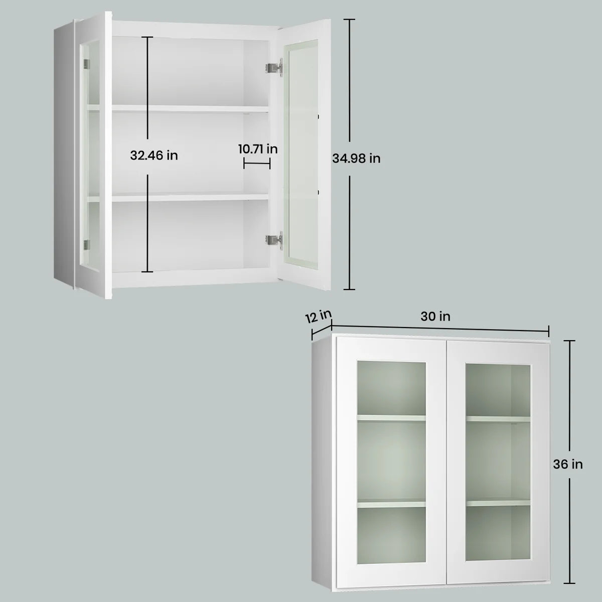 36"W * 30"H * 12"D Shaker White Glass Wall Kitchen Cabinet with Adjustable Shelves