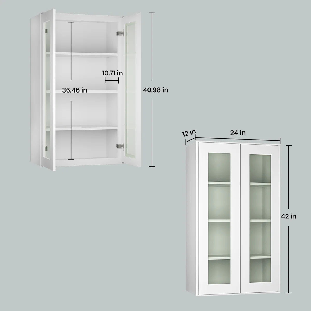 24"W * 42"H * 12"D Shaker White Glass Wall Kitchen Cabinet with Adjustable Shelves