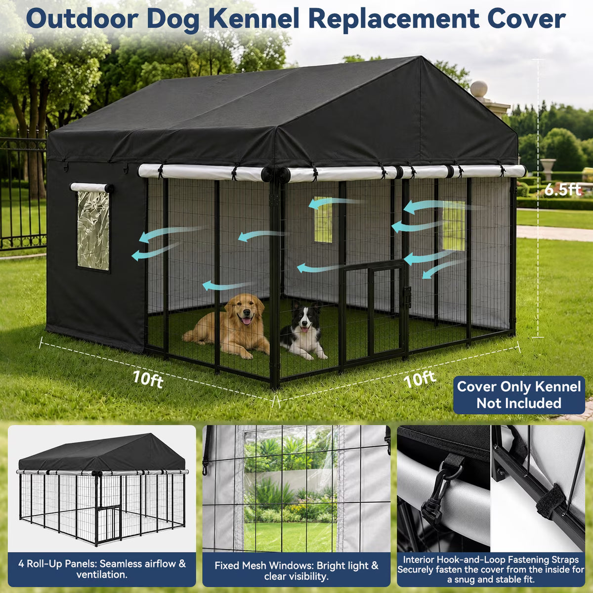 Outdoor 600D Oxford Fabric Waterproof Tarp Shelter Shade Cover Replacement Part Dog Kennel Accessory, Black, 10 x 10 x 7-in