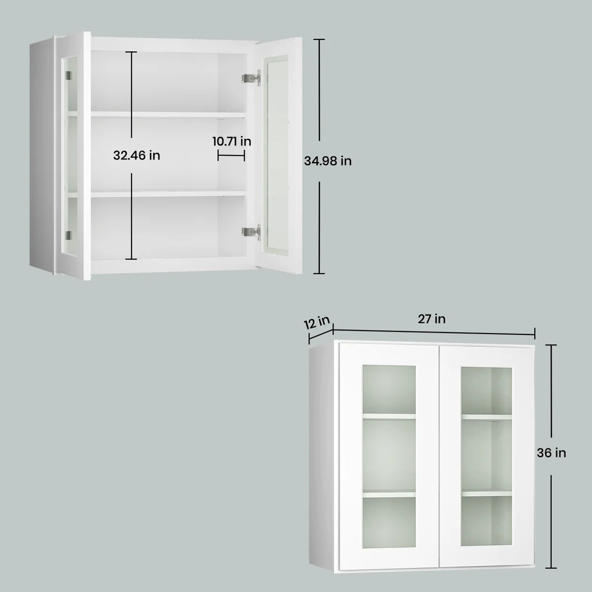 27"W * 36"H * 12"D Shaker White Glass Wall Kitchen Cabinet with Adjustable Shelves