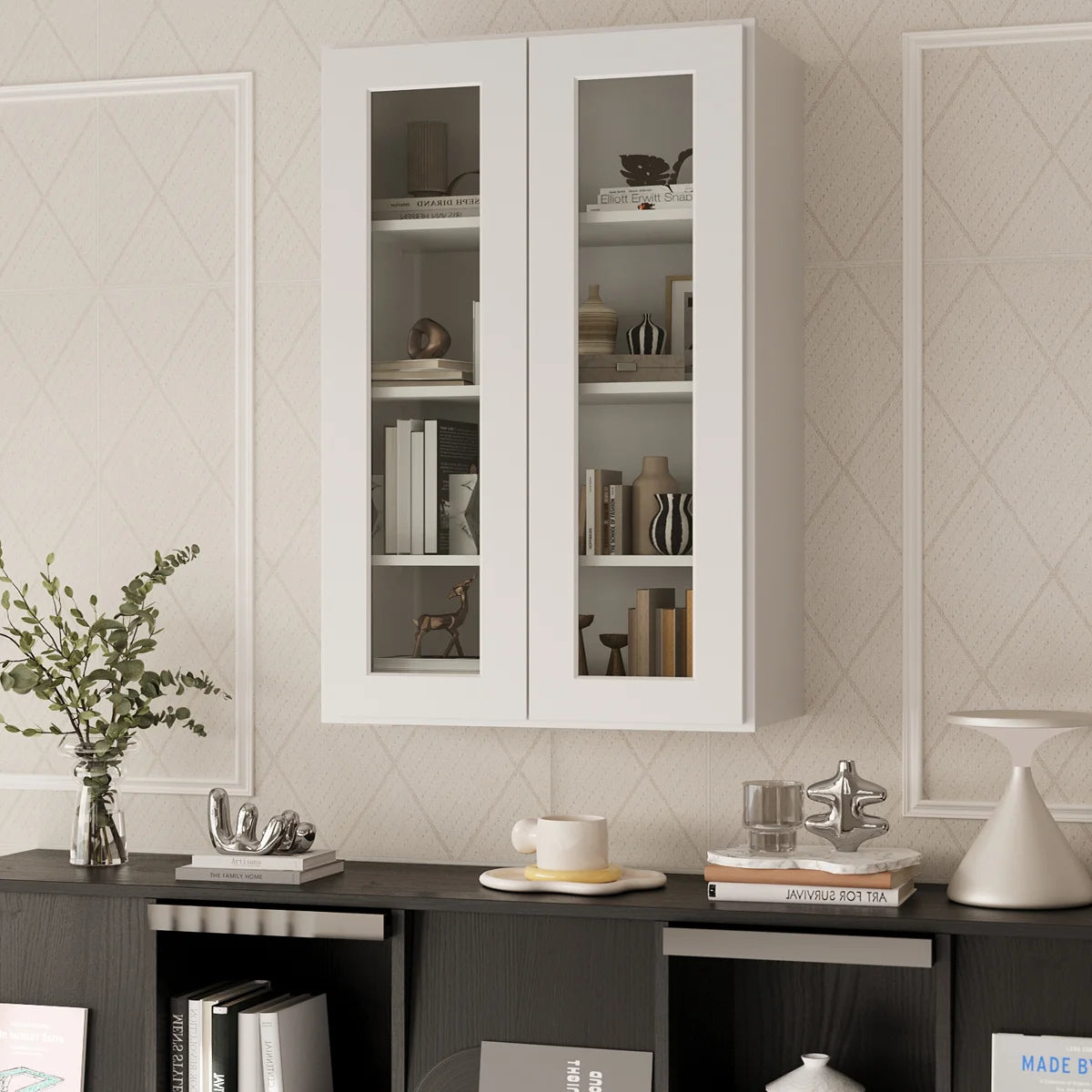 27"W * 42"H * 12"D Shaker White Glass Wall Kitchen Cabinet with Adjustable Shelves